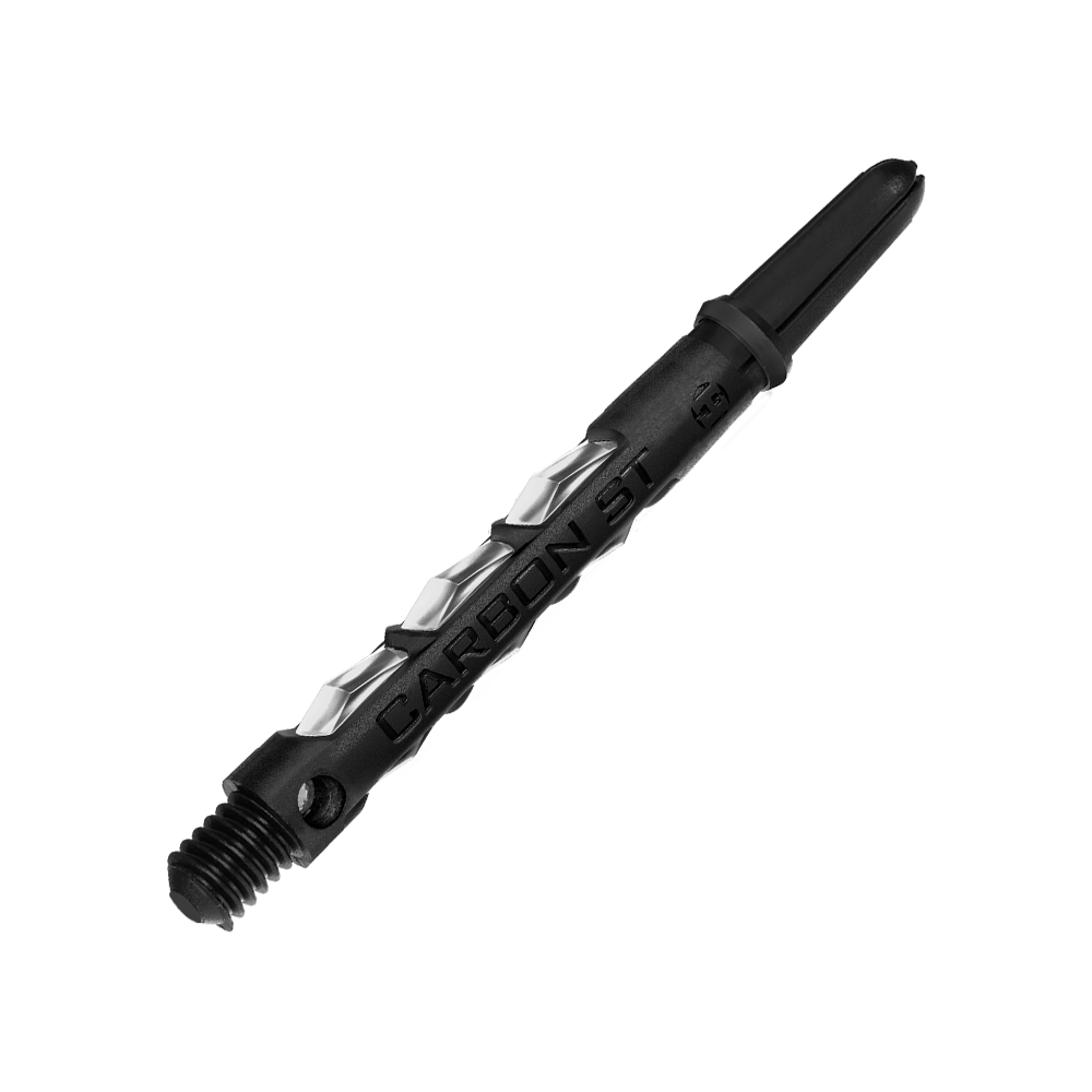 Dies ist ein Harrows Carbon ST Shaft in der Ausführung "Clear". Der Schaft ist schwarz mit klaren Elementen und hat die Aufschrift "CARBON ST".