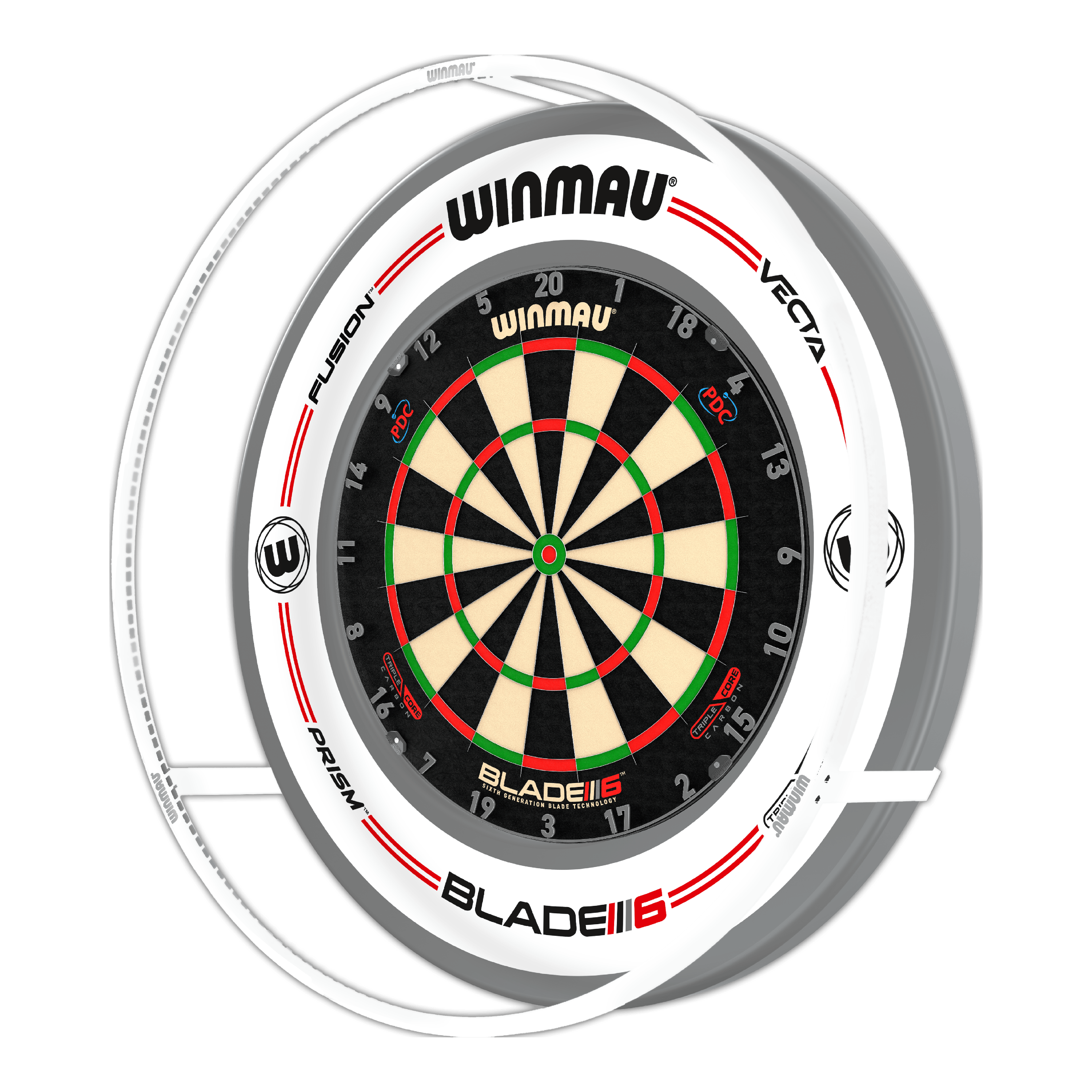 BUNDLE Winmau Plasma Ice LED Beleuchtung und Surround Das Bild zeigt ein Winmau Plasma Ice LED Beleuchtung und Surround Bundle mit einer Dartscheibe. Die Scheibe ist von einem beleuchteten Ring und einem weißen Surround umgeben.