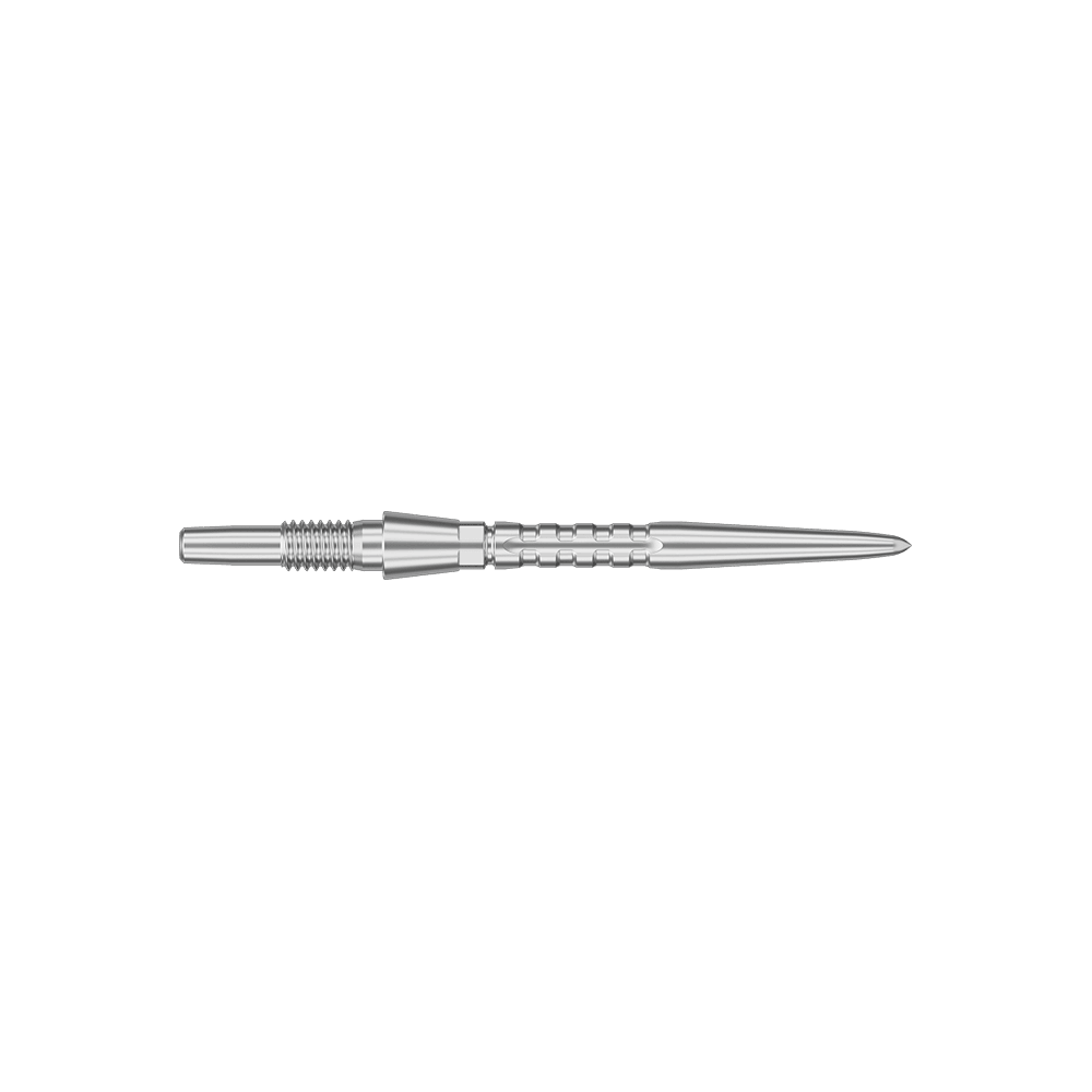 Das Bild zeigt eine silberne Steeldartspitze mit feinen Rillen und einem spitzen Ende. Die Spitze ist schlank und hat eine Länge von 26 mm.