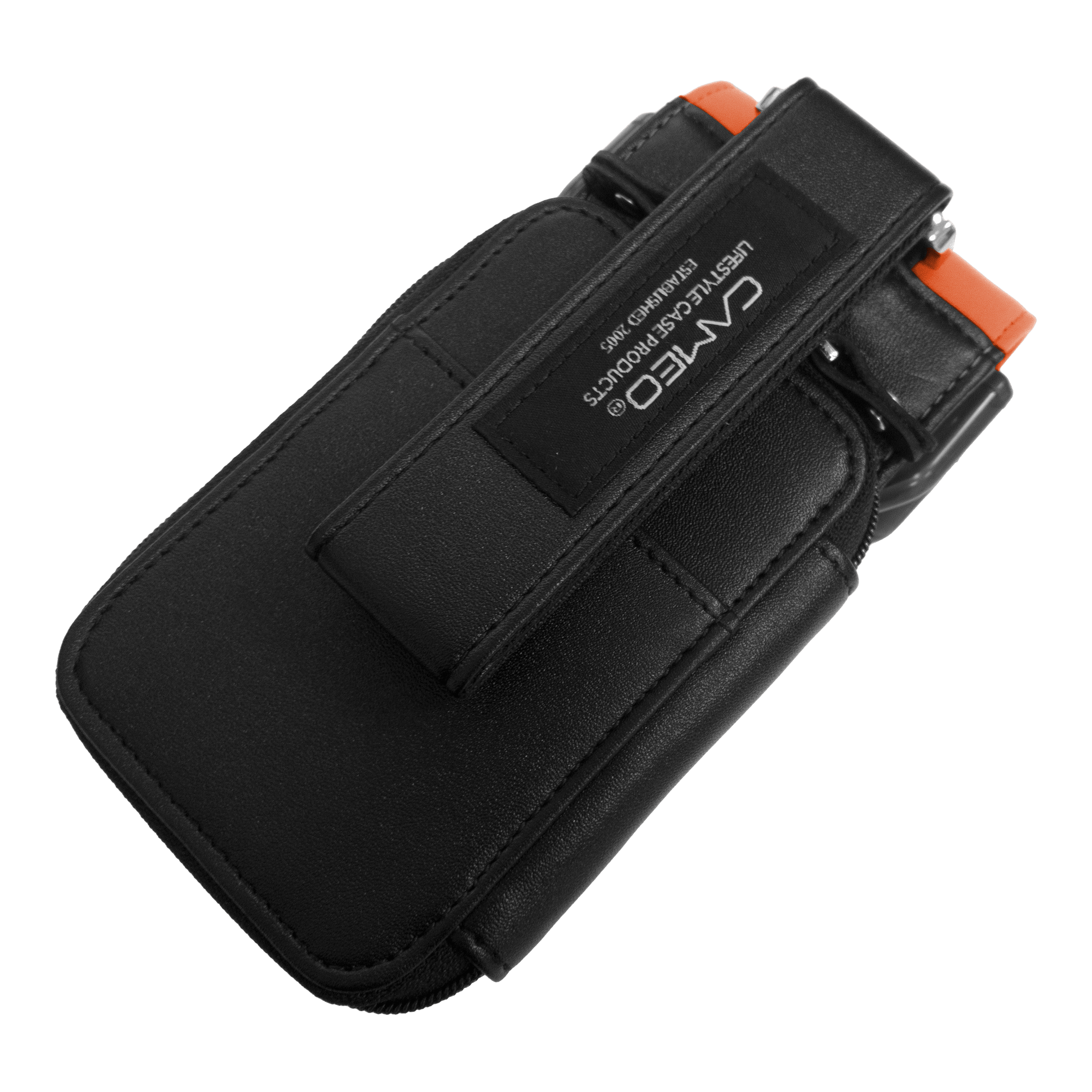 Cameo Garment 2.5 Dartcase Dies ist ein schwarzes Dart-Etui mit orangefarbenen Akzenten. Auf der Vorderseite befindet sich ein Aufnäher mit dem Markennamen "CAMEO".
