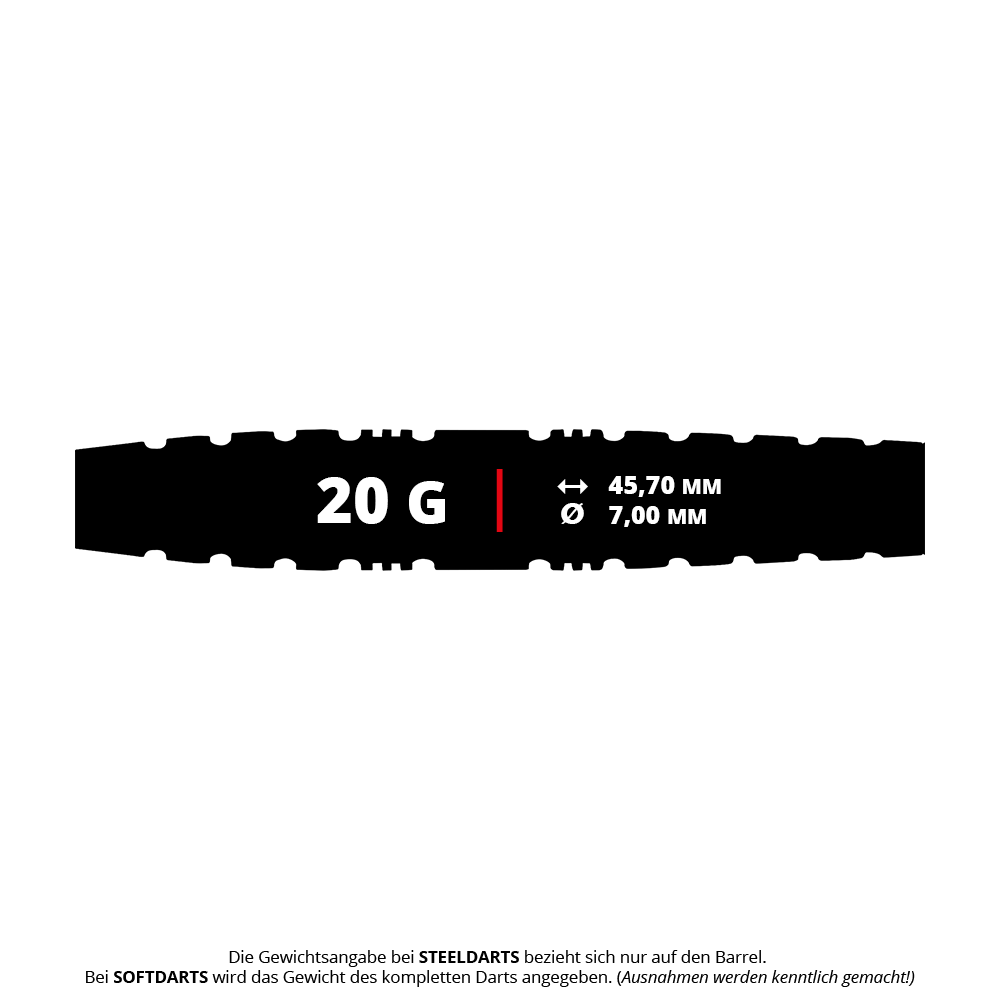 Das Bild zeigt einen Red Dragon Paradym Torpedo Softdart mit einem Gewicht von 20 Gramm. Die Länge beträgt 45,70 mm und der Durchmesser 7,00 mm.