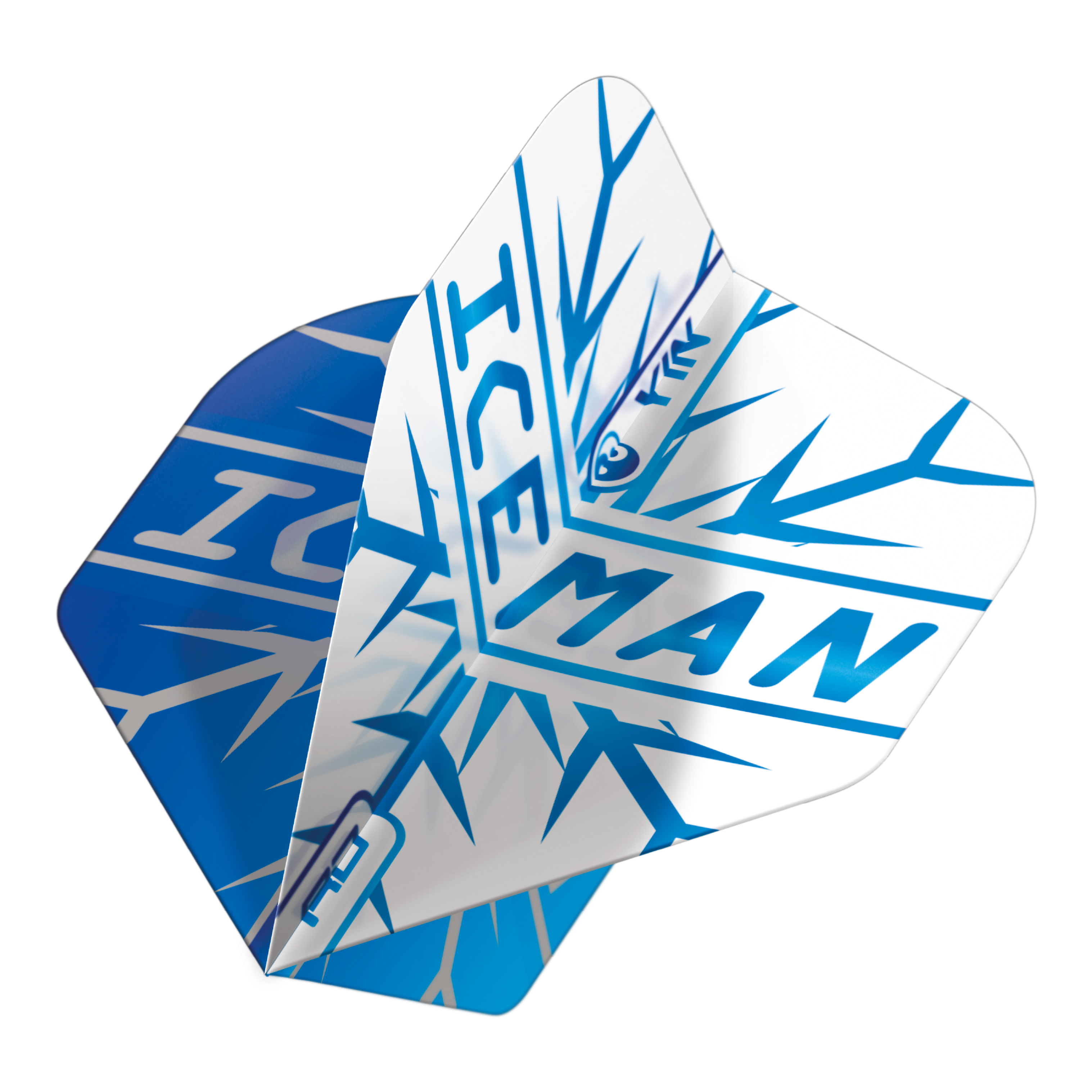 Auf dem Bild sind die „Red Dragon Gerwyn Price Iceman Blue White Yin Yang Standard Flights“ zu sehen. Die Flights sind blau und weiß gestaltet und tragen den Schriftzug „ICEMAN“ mit eisigen Mustern.