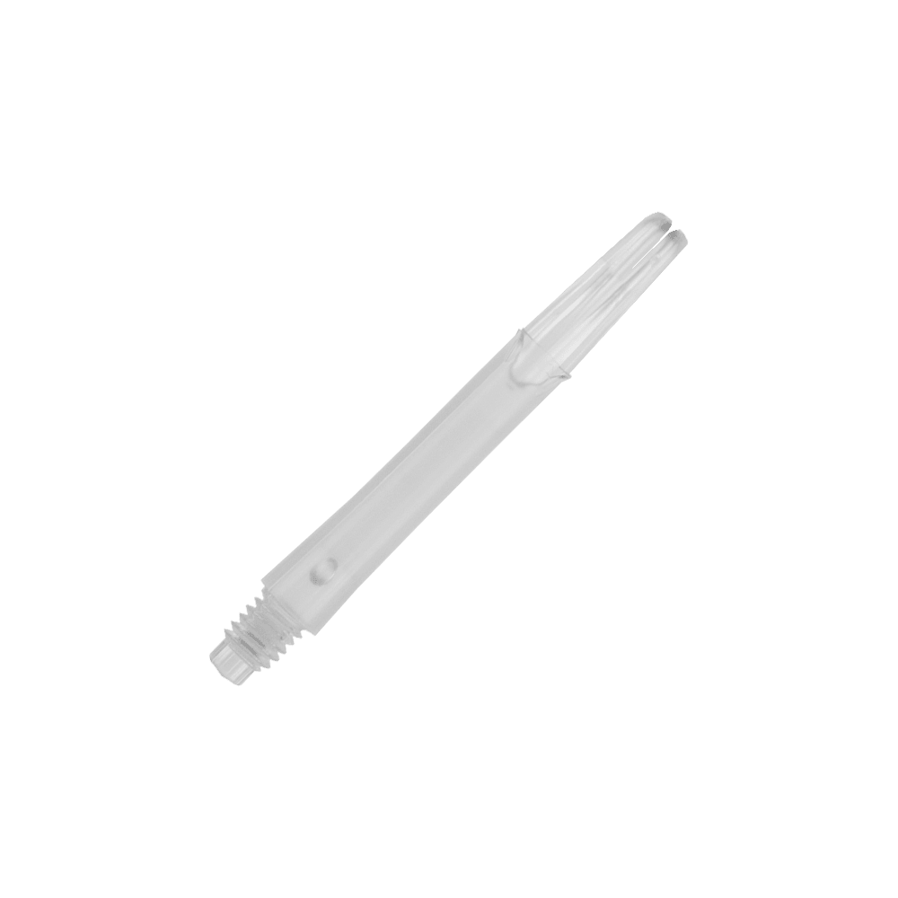 L-Style L-Shafts Locked Straight - Clear 260 Das Bild zeigt einen transparenten, geraden Dart-Schaft ohne Kappen. Der Schaft ist 39 mm lang und aus Kunststoff gefertigt.