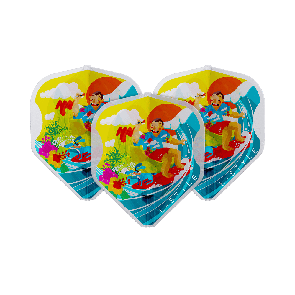 Das Bild zeigt drei L-Style Wayne Mardle Type A L1EZ Clear White Flights. Die Flights sind bunt gestaltet mit einer Abbildung eines surfenden Charakters und tropischen Elementen.