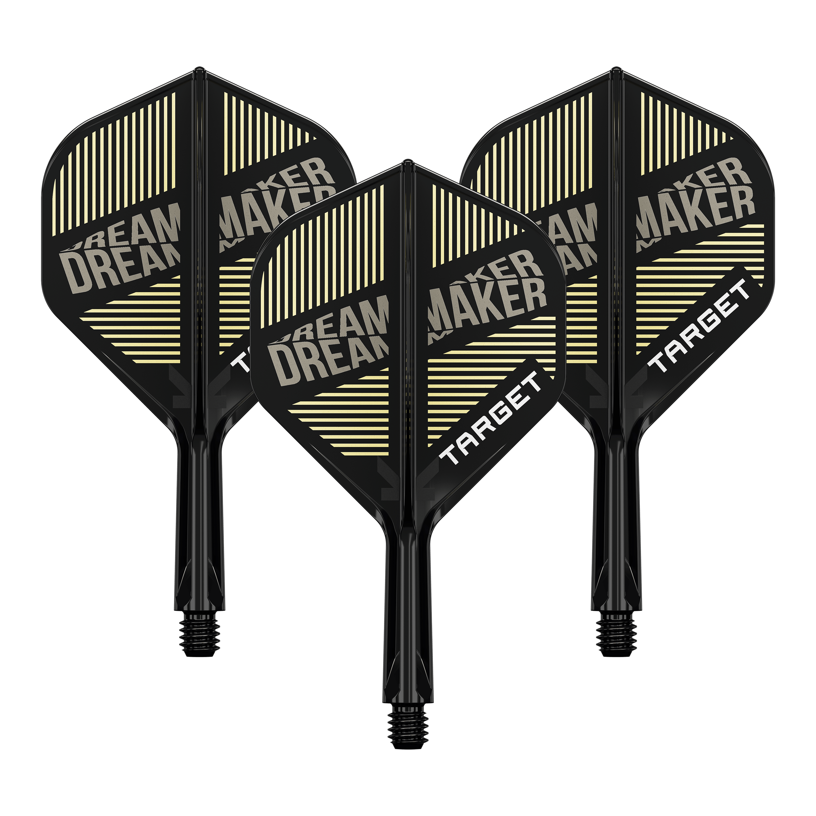 Target K-Flex Dimitri Van Den Bergh No2 Standard Flight-Shaft-System Auf dem Bild sind drei schwarze Dartflights mit integriertem Schaft zu sehen. Auf den Flights steht „DREAM MAKER“ und „TARGET“ in weißen Buchstaben.