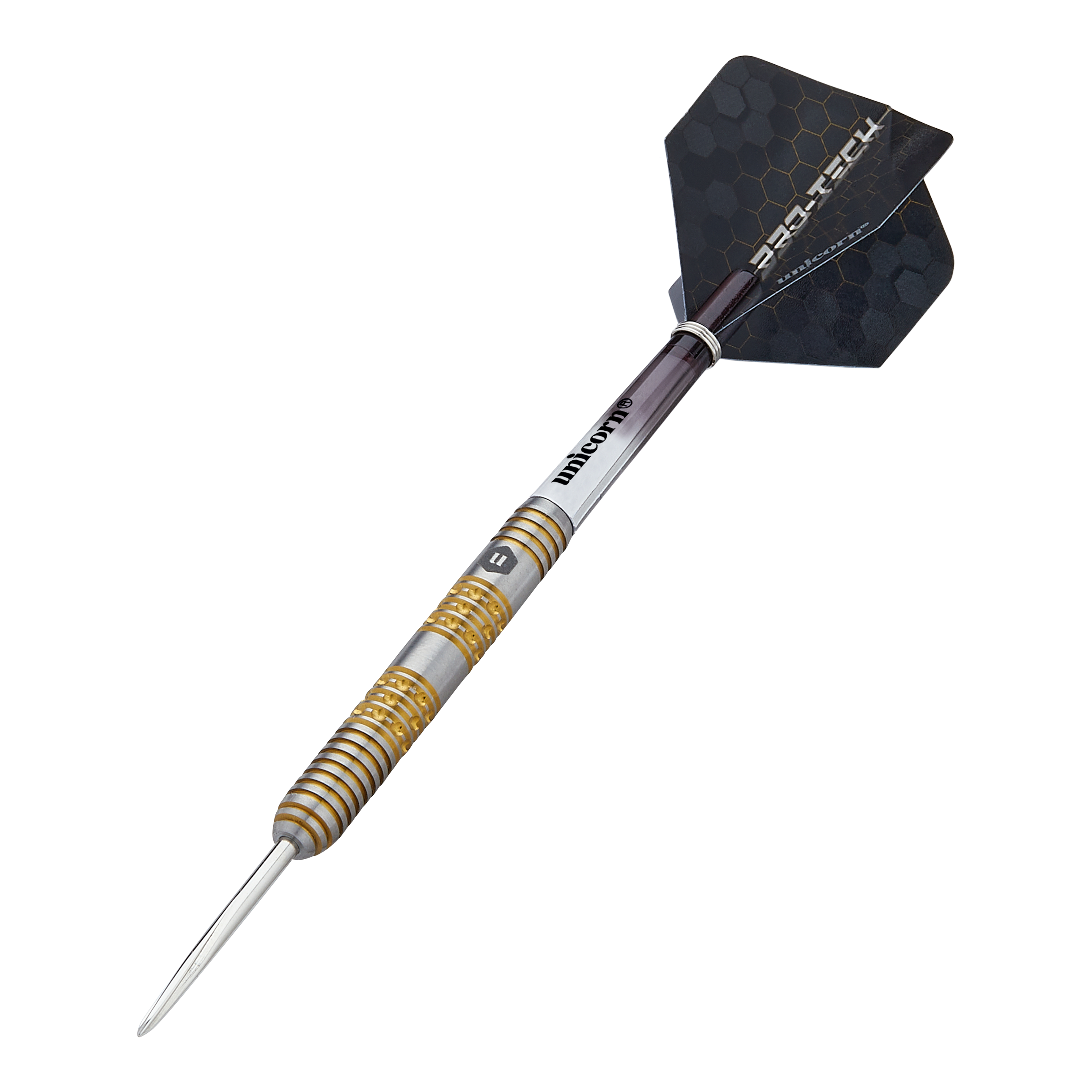 Das Bild zeigt einen Unicorn Pro-Tech Style 6 Steeldart mit einem Gewicht von 23g. Der Dart hat eine silberne und goldene Griffzone sowie schwarze Flights mit hexagonalem Muster.