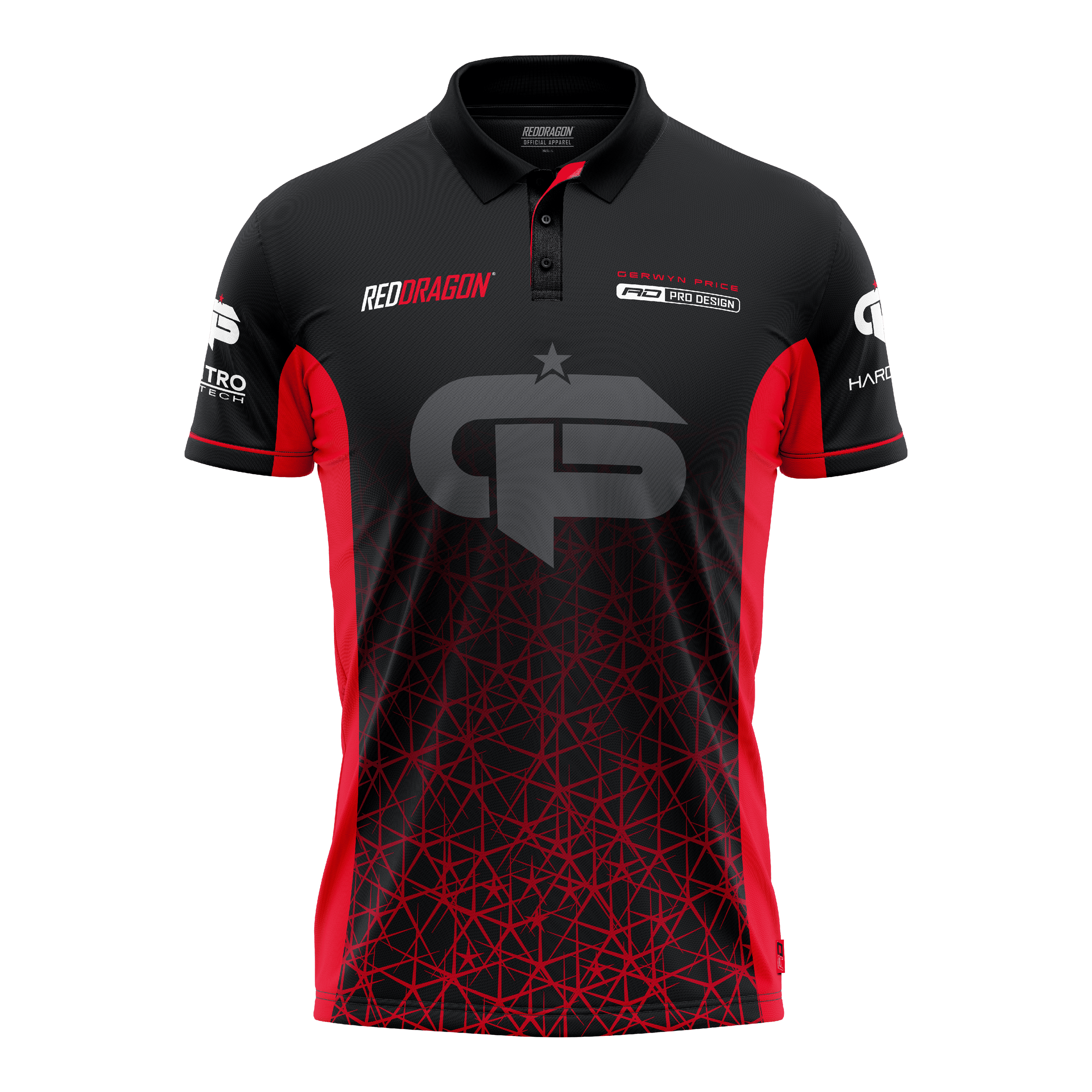 Das Bild zeigt ein schwarzes und rotes Dartshirt mit dem Namen "Red Dragon Gerwyn Price Red Tour Polo Dartshirt". Auf der Vorderseite sind Logos und ein großes GP-Emblem zu sehen.