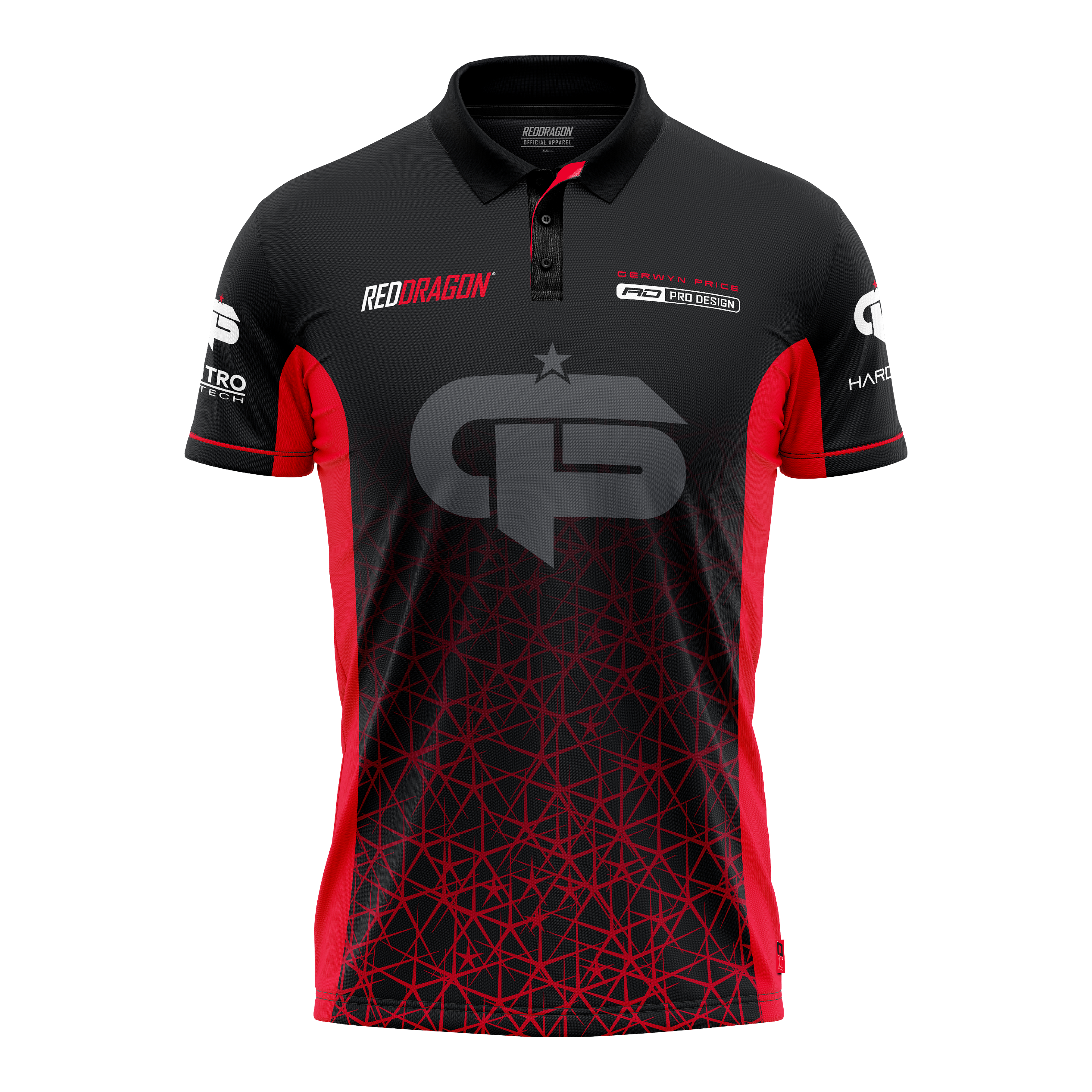 Red Dragon Gerwyn Price Red Tour Polo Dartshirt Das Bild zeigt ein schwarzes und rotes Dartshirt mit dem Namen "Red Dragon Gerwyn Price Red Tour Polo Dartshirt". Auf der Vorderseite sind Logos und ein großes GP-Emblem zu sehen.