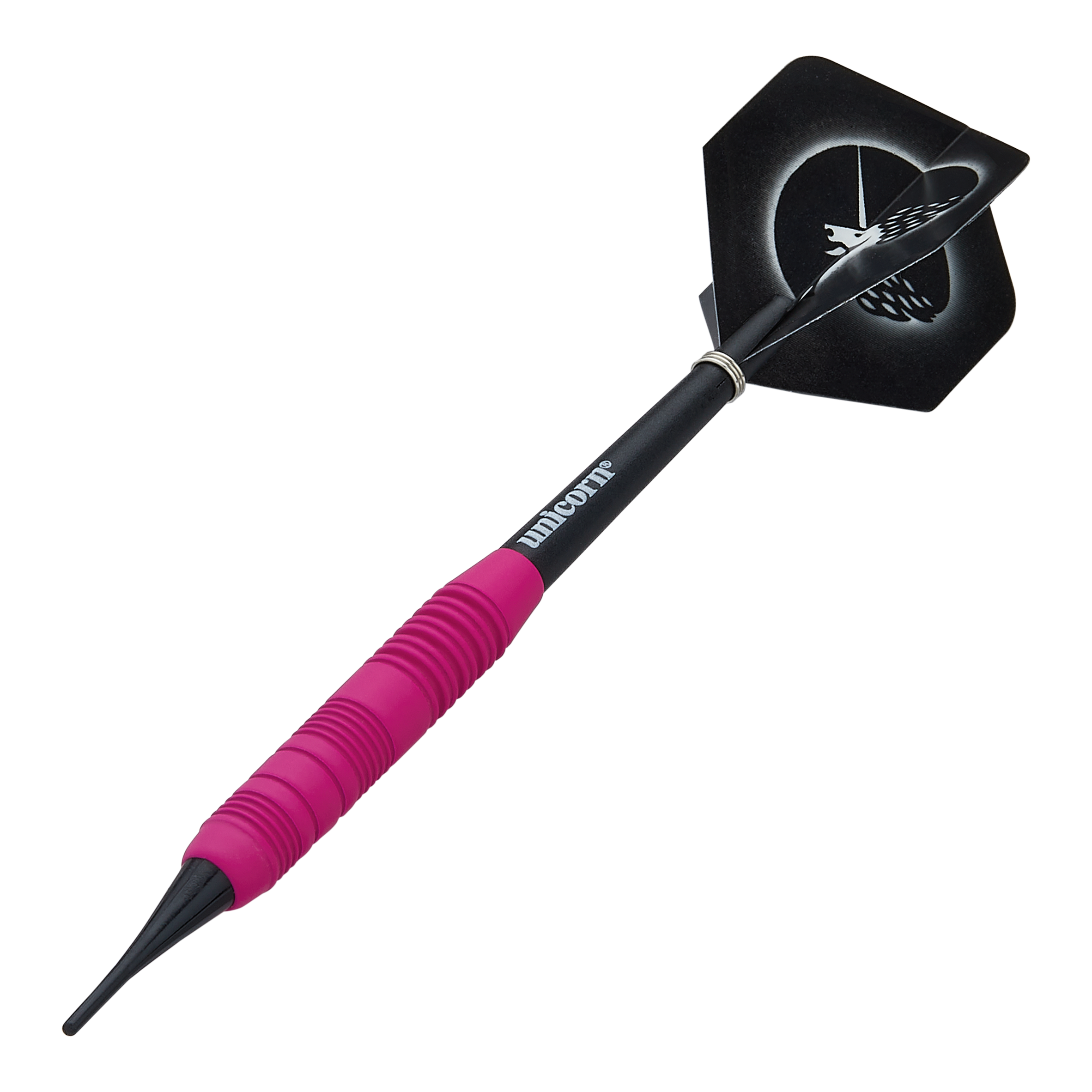 Unicorn Core Plus Rubberised Pink Softdarts - 19g Das Bild zeigt einen pinken, gummierten Softdart namens "Unicorn Core Plus" mit einem Gewicht von 19g. Der Dartpfeil hat einen schwarzen Schaft und Flights mit einem Einhorn-Design.