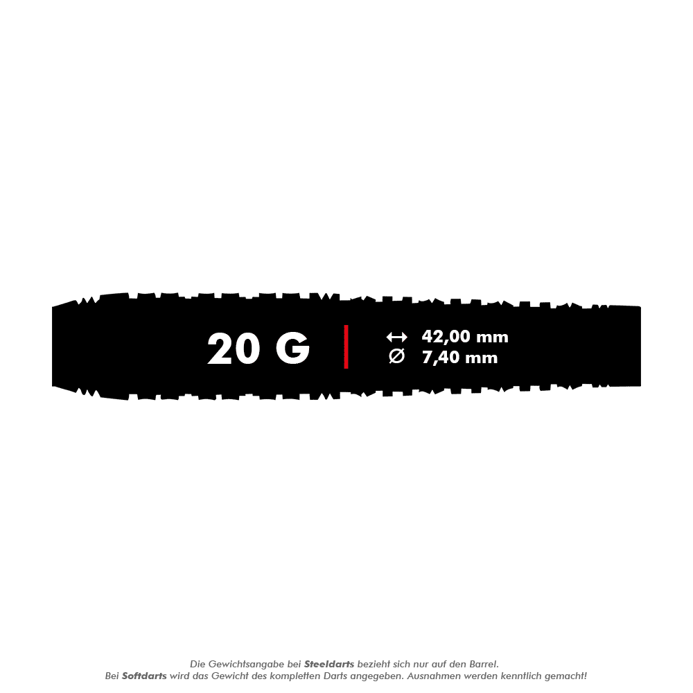 Shot Redline Mach 1 Softdarts - 20g Das Bild zeigt die Produktinformationen für die Shot Redline Mach 1 Softdarts mit einem Gewicht von 20 Gramm. Die Darts haben eine Länge von 42,00 mm und einen Durchmesser von 7,40 mm.