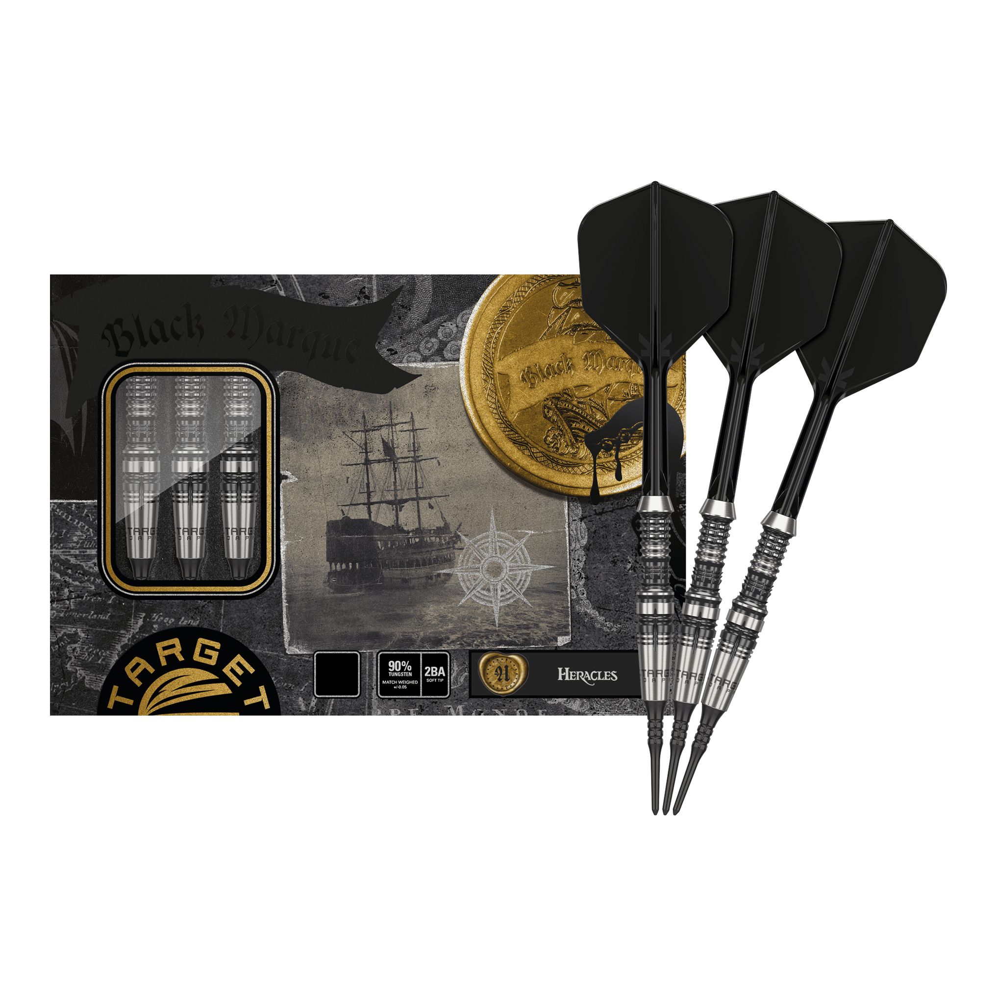 Das Bild zeigt das Produkt "Target Japan Black Marque Heracles Softdarts - 18g" mit drei schwarzen Softdarts. Die Verpackung ist mit maritimen Motiven und goldenen Details gestaltet.