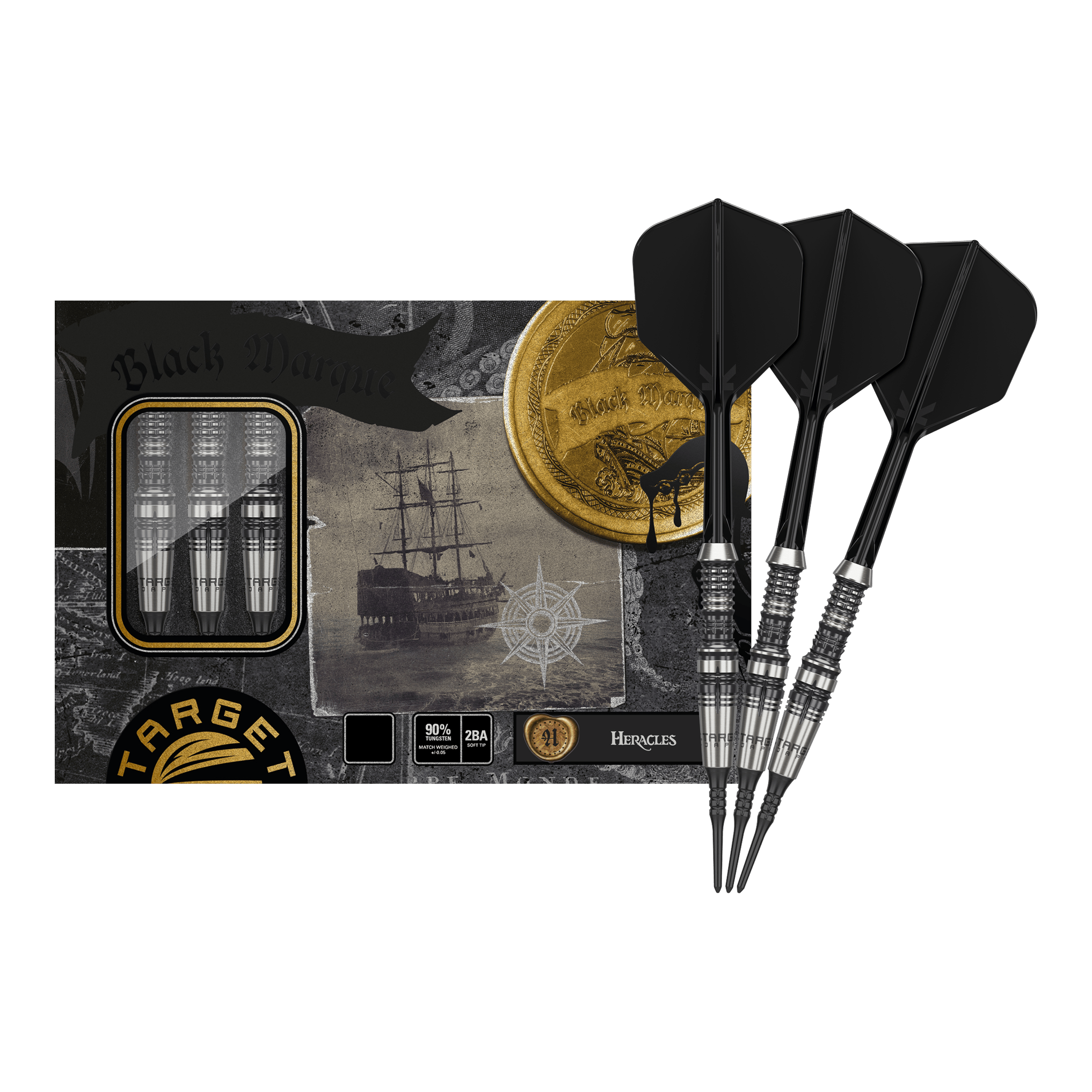 Target Japan Black Marque Heracles Softdarts - 18g Das Bild zeigt das Produkt "Target Japan Black Marque Heracles Softdarts - 18g" mit drei schwarzen Softdarts. Die Verpackung ist mit maritimen Motiven und goldenen Details gestaltet.
