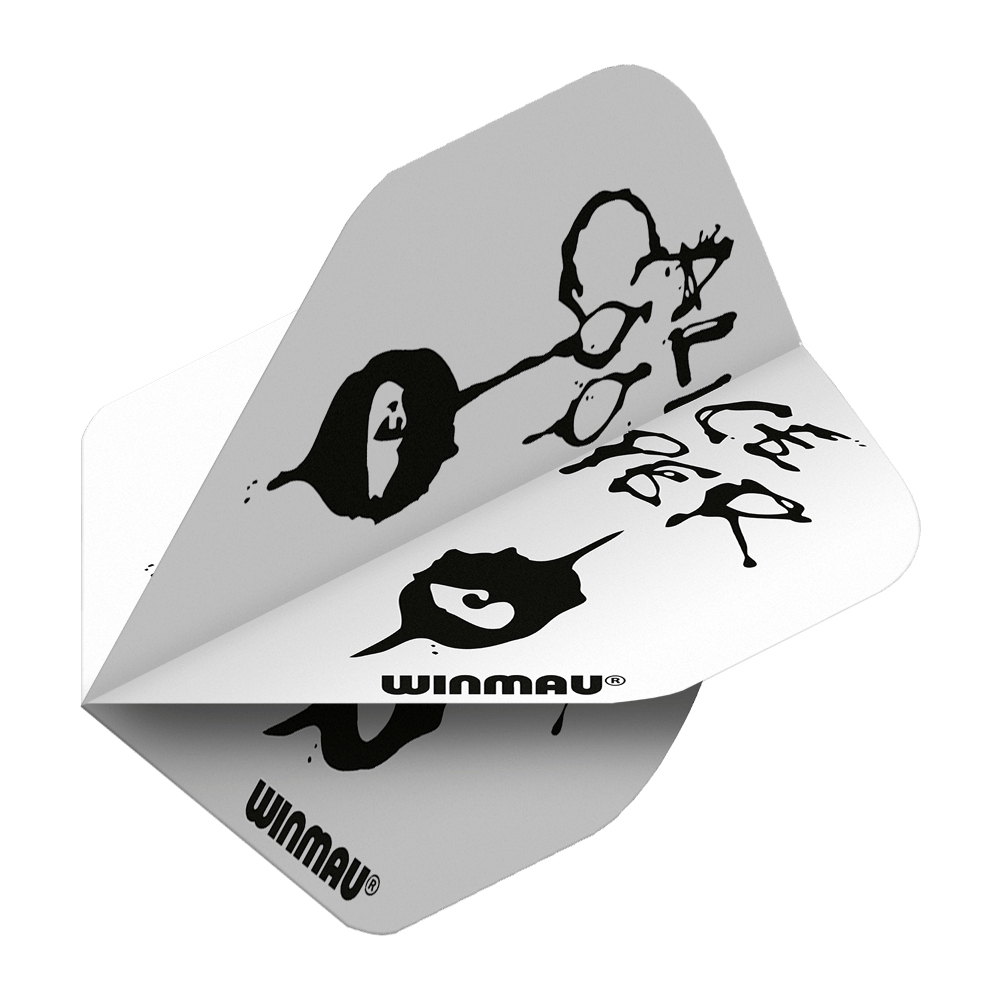 Das Bild zeigt das Produkt "Winmau Rockstar Legends Alice Cooper Eyes Standard Flights". Die Flights sind weiß mit einem schwarzen, künstlerischen Design und dem Schriftzug "Alice Cooper".