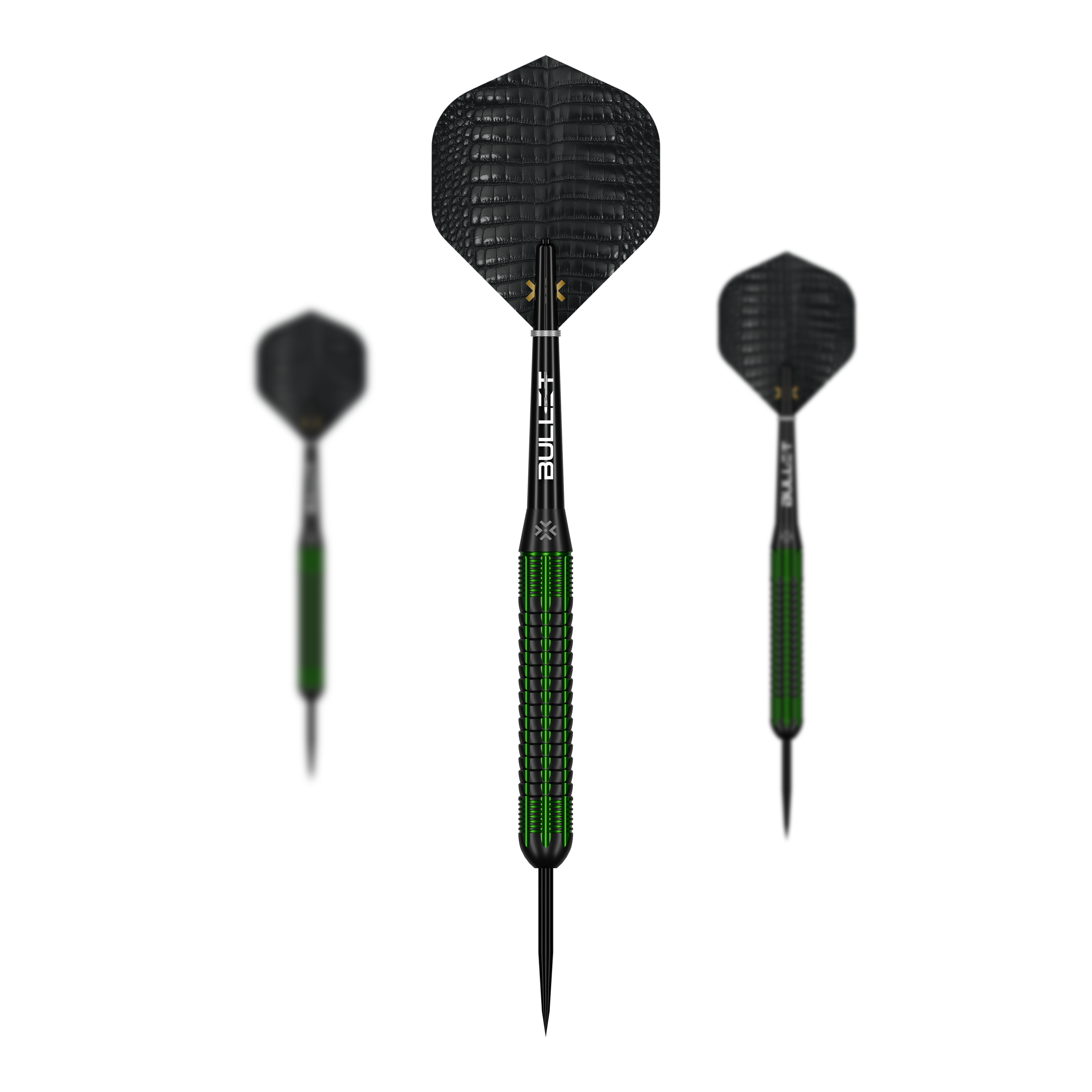 Bullet Gator Brass Steeldarts - 22g Auf dem Bild ist ein Set der Bullet Gator Brass Steeldarts - 22g zu sehen. Das Set enthält mehrere Darts mit je 22 Gramm Gewicht.