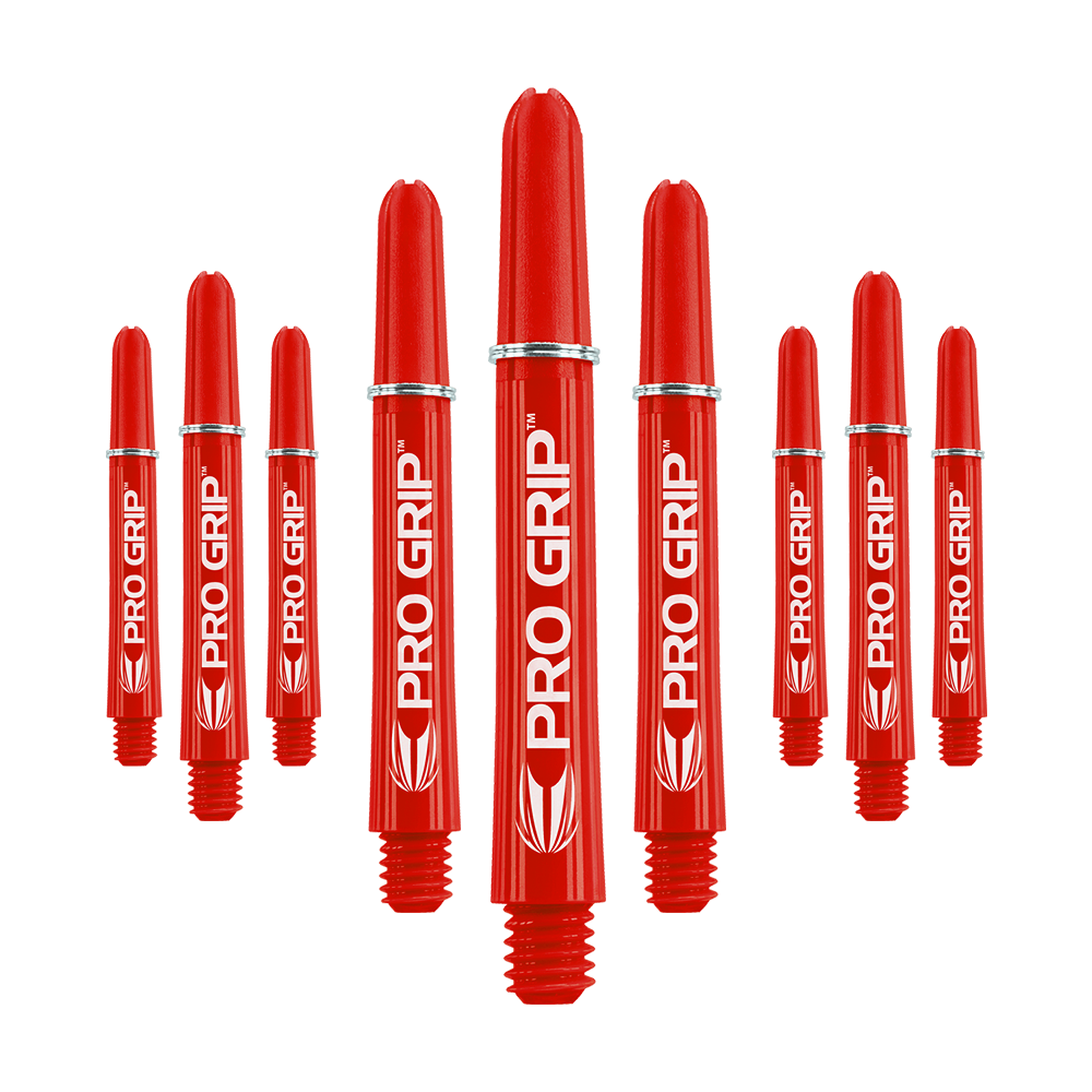 Target Pro Grip Shafts - 3 Sets - Rot Das Bild zeigt mehrere rote Dartschäfte mit der Aufschrift "PRO GRIP". Die Schäfte sind in einer symmetrischen Anordnung dargestellt und heben sich deutlich vom Hintergrund ab.
