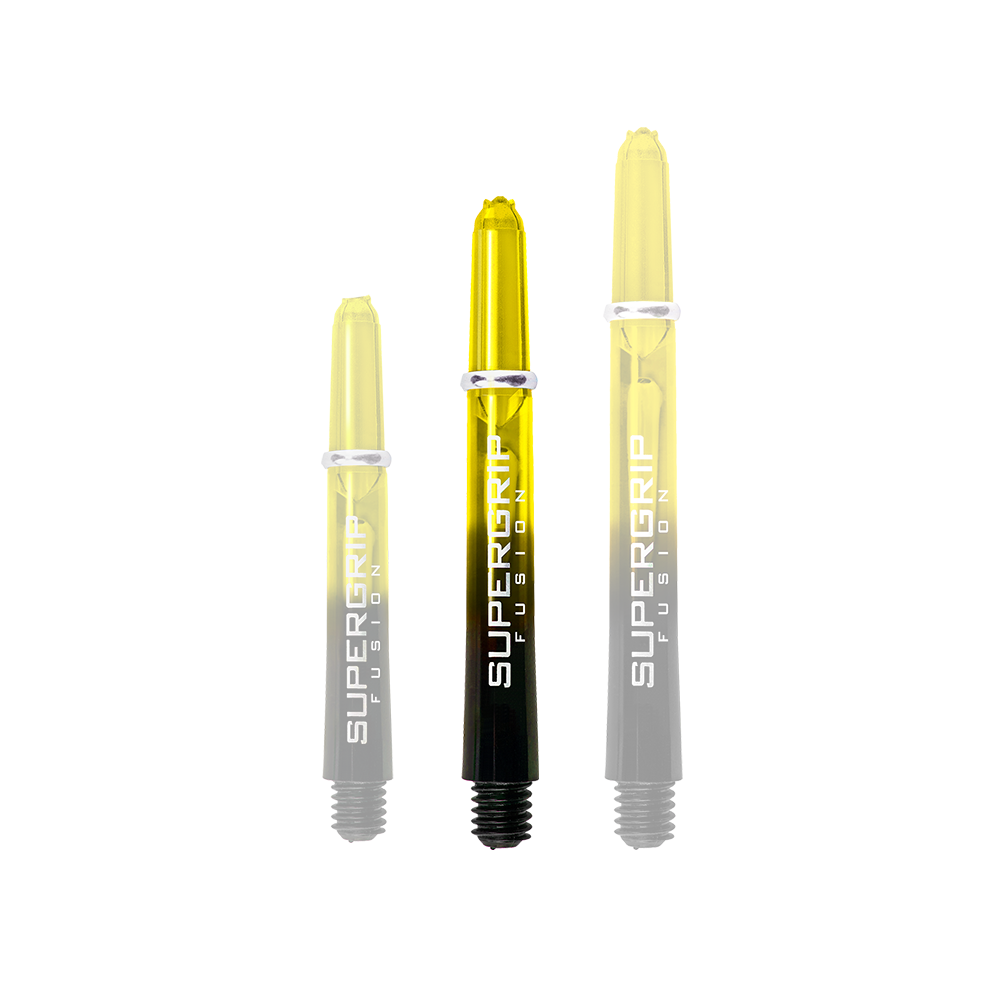 Das Bild zeigt drei Harrows Supergrip Fusion Shafts in der Farbe Gelb. Die Shafts sind unterschiedlich lang und haben einen schwarzen unteren Bereich.