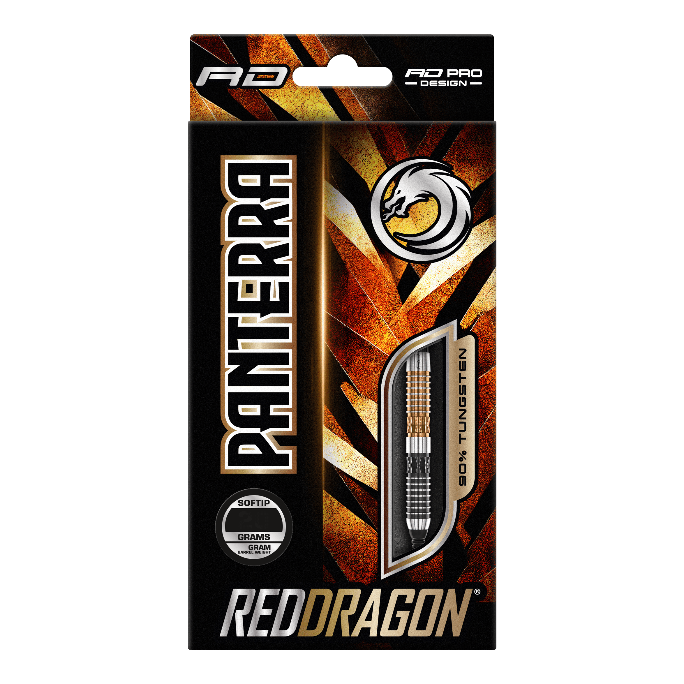 Das Bild zeigt eine Verpackung der "Red Dragon Panterra Softdarts - 20g". Die Packung ist auffällig gestaltet und hebt den Schriftzug "Panterra" sowie das Red Dragon-Logo hervor.