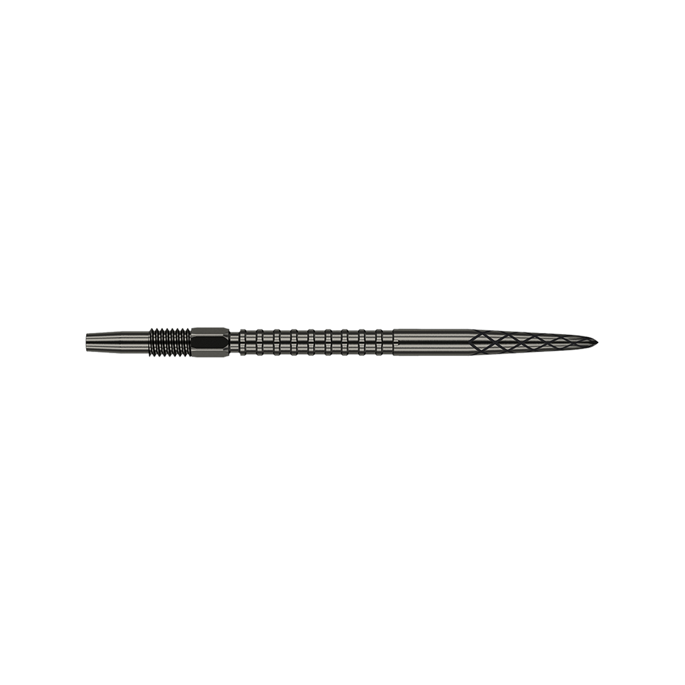 Das Bild zeigt eine schwarze Dartspitze mit geriffelten und eingekerbten Mustern. Die Spitze ist 35 mm lang und hat ein elegantes, technisches Design.
