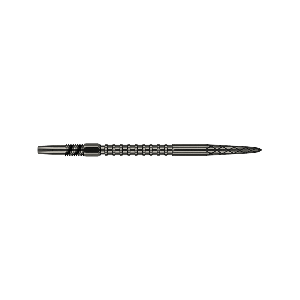 Target Swiss DS Surge Point Dartspitzen - Black Das Bild zeigt eine schwarze Dartspitze mit geriffelten und eingekerbten Mustern. Die Spitze ist 35 mm lang und hat ein elegantes, technisches Design.