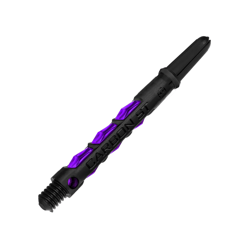 HR427_Harrows_Carbon_ST_Shafts_Lila_47mm_2 Das Bild zeigt einen Harrows Carbon ST Shaft in der Farbe Lila. Der Schaft ist schwarz mit auffälligen lila Akzenten gestaltet.