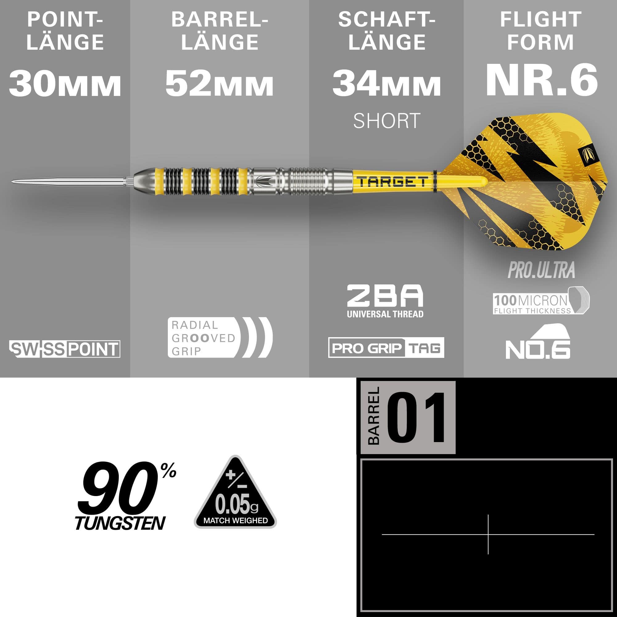 Target Buzz 01 Swiss Points Steeldarts Das Bild zeigt die Target Buzz 01 Swiss Points Steeldarts. Die Darts sind speziell für Präzision und Leistung entworfen.