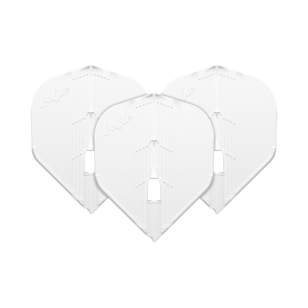 Das Bild zeigt drei weiße Dart-Flights, die nebeneinander angeordnet sind. Auf jedem Flight ist das Wort "L-style" eingraviert.