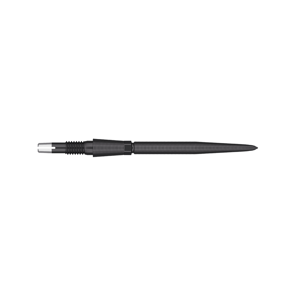 340084_Target_Swiss_Storm_Nano_Point_Dartspitzen_Schwarz_30mm_2 Auf dem Bild ist eine schwarze Dartspitze mit feinen Rillen zu sehen. Sie hat ein schlankes, längliches Design und einen silbernen Anschluss am Ende.
