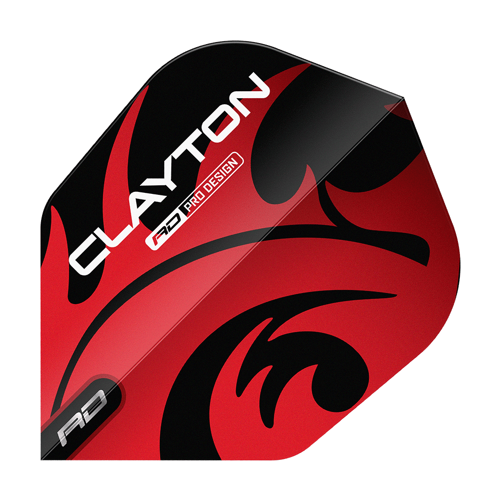 Das Bild zeigt ein Dartflight mit dem Namen "Red Dragon Jonny Clayton Red Black No6 Flights". Das Flight ist rot und schwarz gestaltet und trägt den Aufdruck "Clayton".