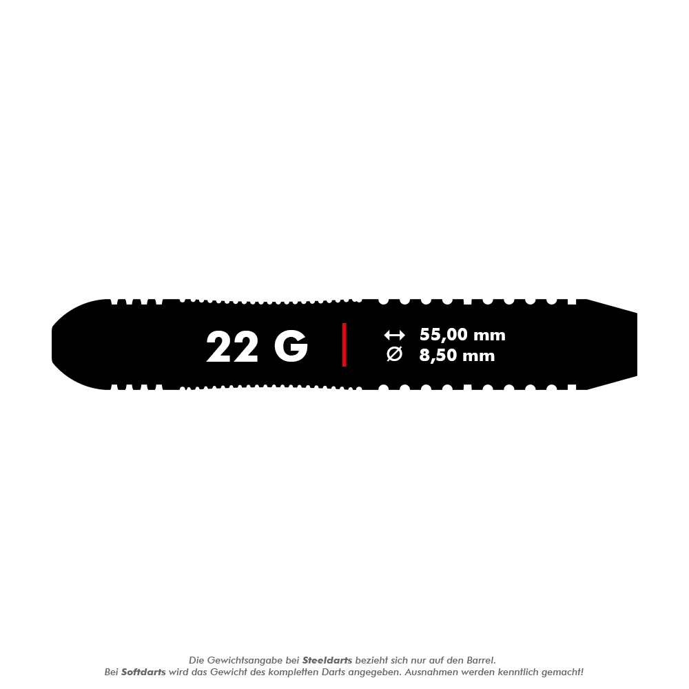 Target Rob Cross Brass Steeldarts - 22g Dieses Bild zeigt die Maße des Produkts "Target Rob Cross Brass Steeldarts - 22g". Der Dart wiegt 22 Gramm, ist 55 mm lang und hat einen Durchmesser von 8,5 mm.