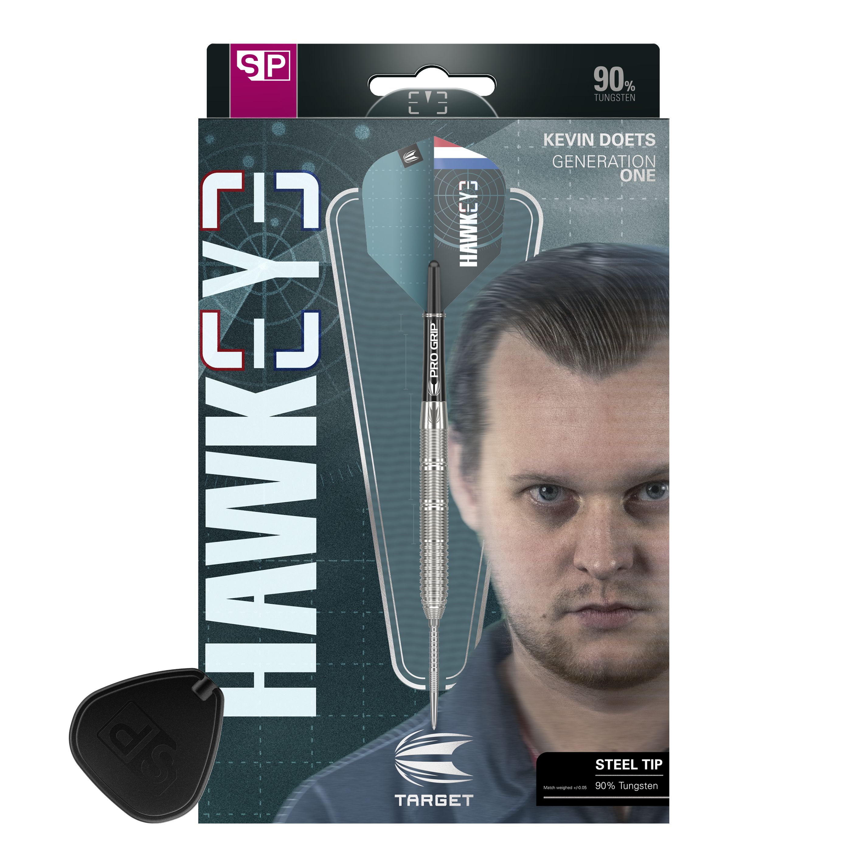 Auf der Verpackung ist ein Steeldart mit dem Namen "Hawkeye" von Target zu sehen. Rechts daneben ist das Porträt eines Mannes abgebildet, und unten steht, dass der Dart 90 % Wolfram enthält.