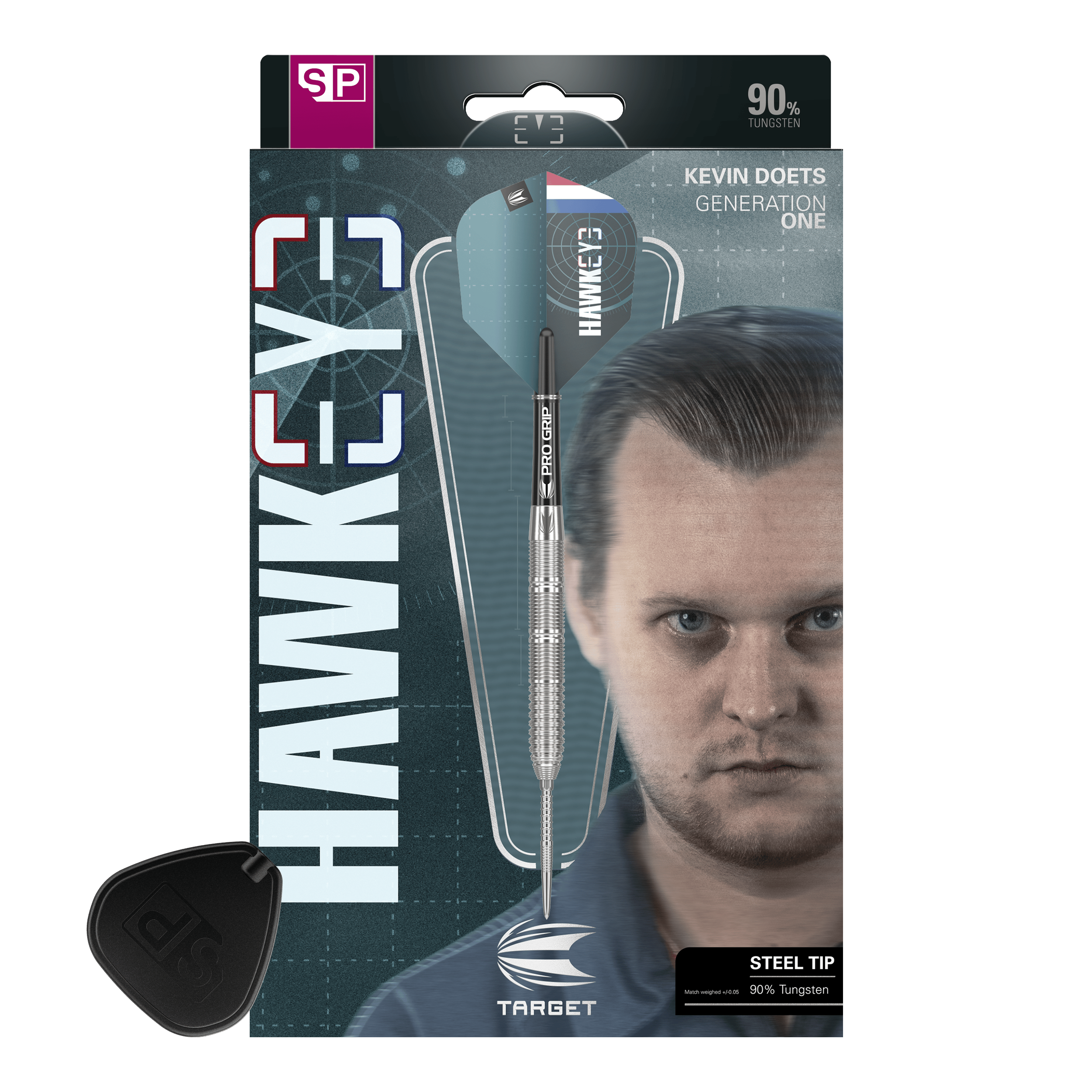 Auf der Verpackung ist ein Steeldart mit dem Namen "Hawkeye" von Target zu sehen. Rechts daneben ist das Porträt eines Mannes abgebildet, und unten steht, dass der Dart 90 % Wolfram enthält.