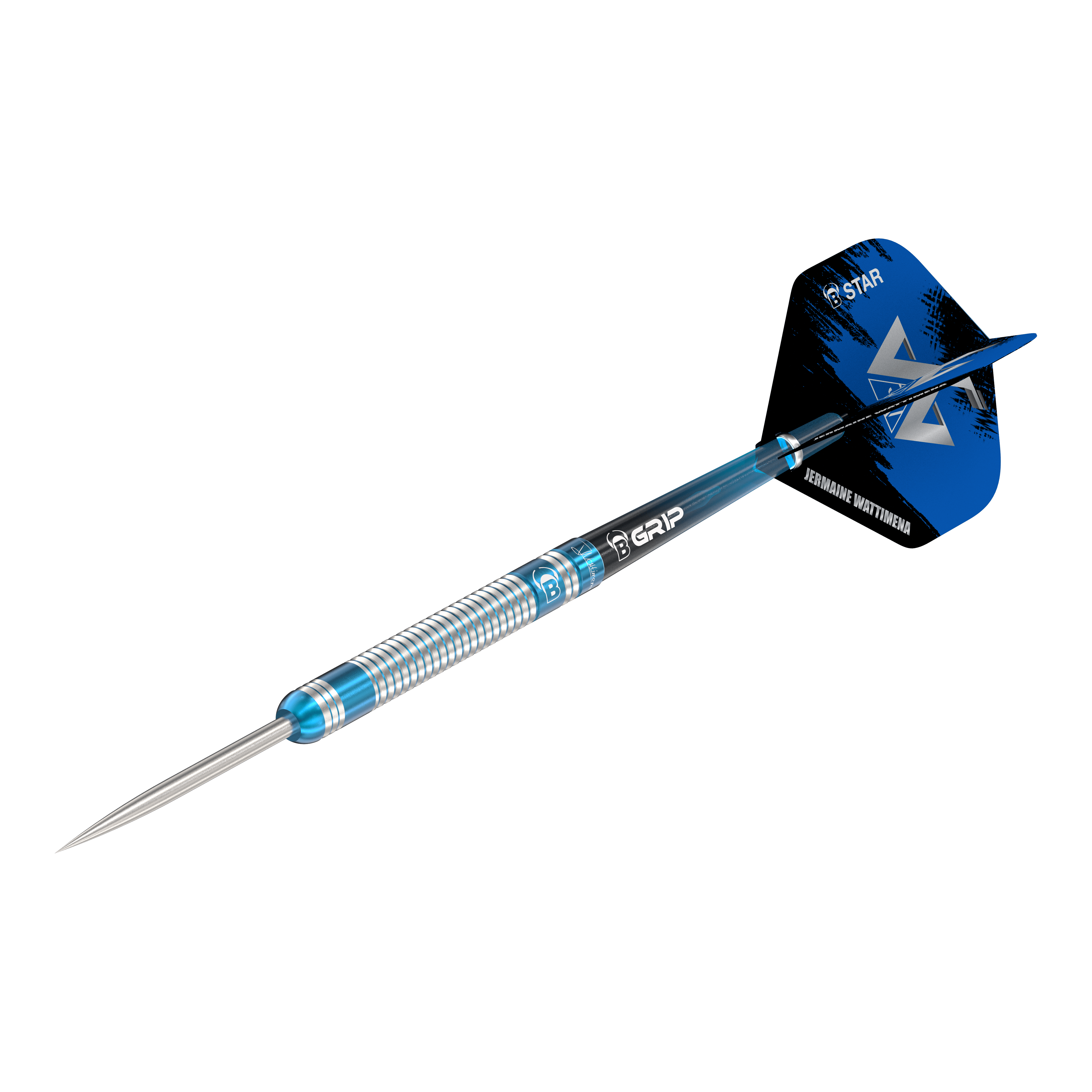Bulls Jermaine Wattimena Generation 3 Steeldarts Das Bild zeigt einen Steeldartpfeil mit silber-blauer Riffelung am Barrel. Auf dem Flight steht „Jermaine Wattimena“ und er ist mit dem Produktnamen „Bulls Jermaine Wattimena Generation 3 Steeldarts“ versehen.