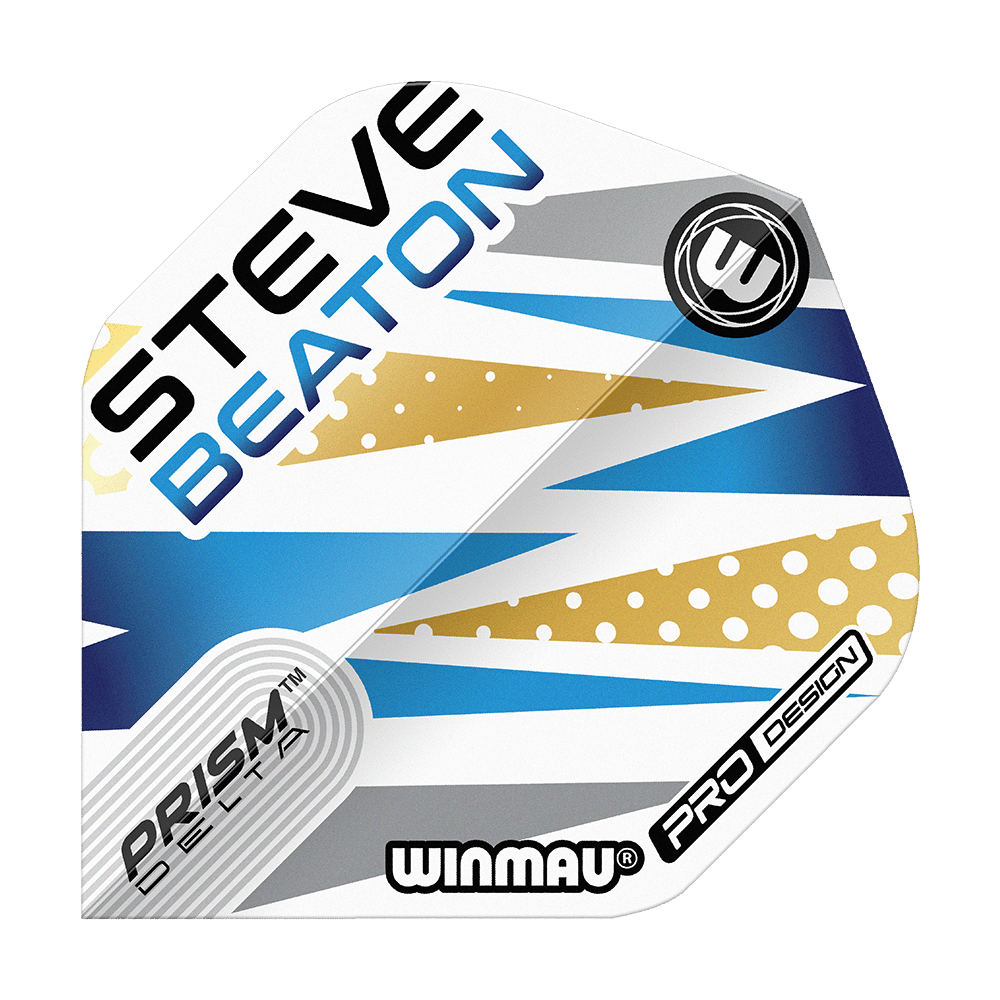 Das Bild zeigt ein Dart-Flight mit dem Namen "Winmau Prism Delta Steve Beaton No2 Standard Flights". Das Design ist weiß, blau und gold mit auffälligen Mustern und dem Namen "Steve Beaton" darauf.
