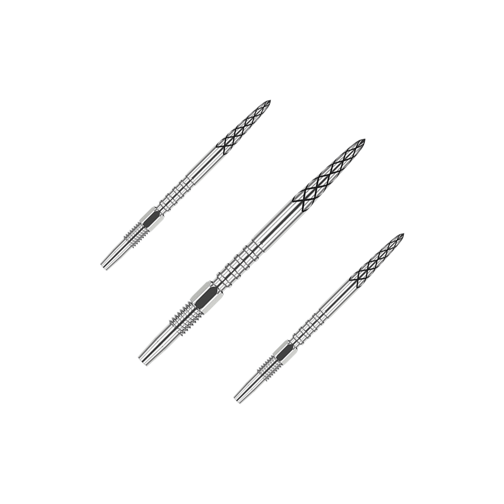 Target Swiss DS Surge Point Dartspitzen - Silver Das Bild zeigt drei silberne Dartspitzen mit feinen Gravuren. Sie sind in einer diagonalen Linie angeordnet und haben ein modernes Design.