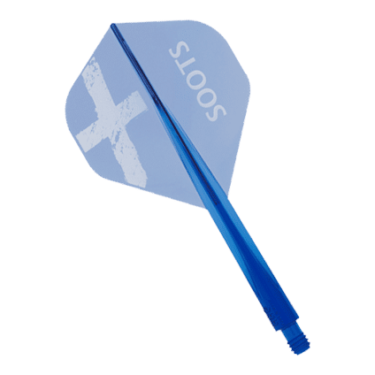 Das Bild zeigt das Produkt "Condor AXE Soots Flight-System - Standard". Es handelt sich um einen blauen Dart-Flight mit der Aufschrift "SOOTS" und einem weißen X.