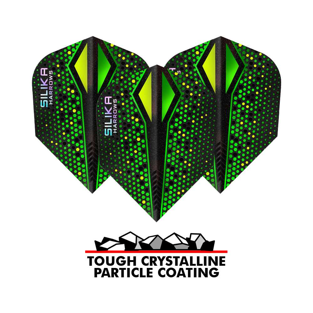 Das Bild zeigt drei grüne Harrows Silika Colourshift Tough Crystalline Coating No6 Flights für Darts. Unten befindet sich ein Logo mit der Aufschrift „Tough Crystalline Particle Coating“.