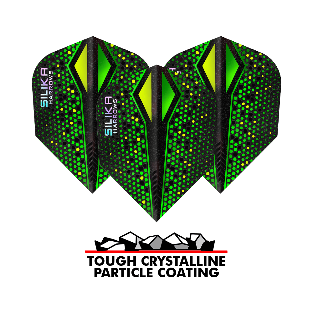 Harrows Silika Colourshift Tough Crystalline Coating Green-X No6 Flights Das Bild zeigt drei grüne Harrows Silika Colourshift Tough Crystalline Coating No6 Flights für Darts. Unten befindet sich ein Logo mit der Aufschrift „Tough Crystalline Particle Coating“.
