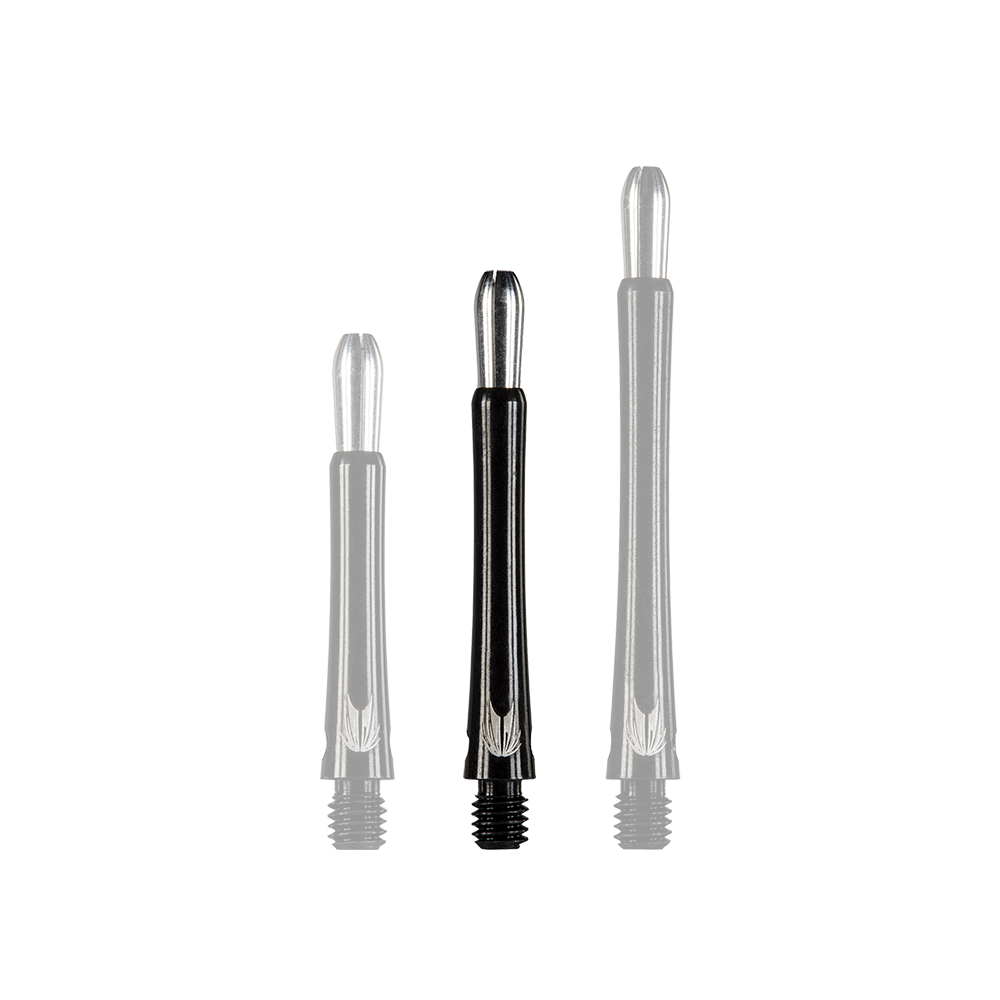 Auf dem Bild sind drei unterschiedlich lange schwarze Aluminiumschäfte für Darts zu sehen. Sie stehen nebeneinander aufrecht auf einem neutralen Hintergrund.