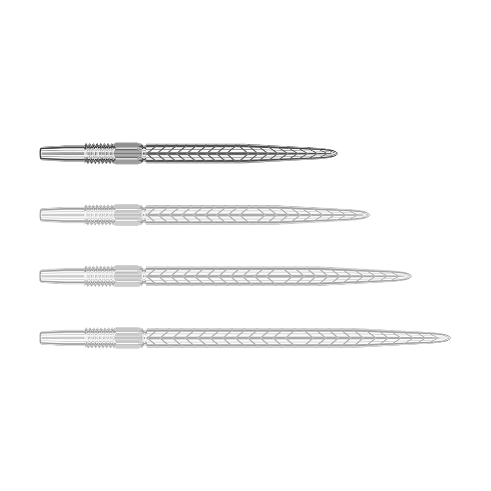Target Swiss Point RVE Dartspitzen - Silber Das Bild zeigt vier silberne Dartspitzen mit einem Muster aus Linien. Sie sind nebeneinander angeordnet und unterscheiden sich nur in ihrer Position.