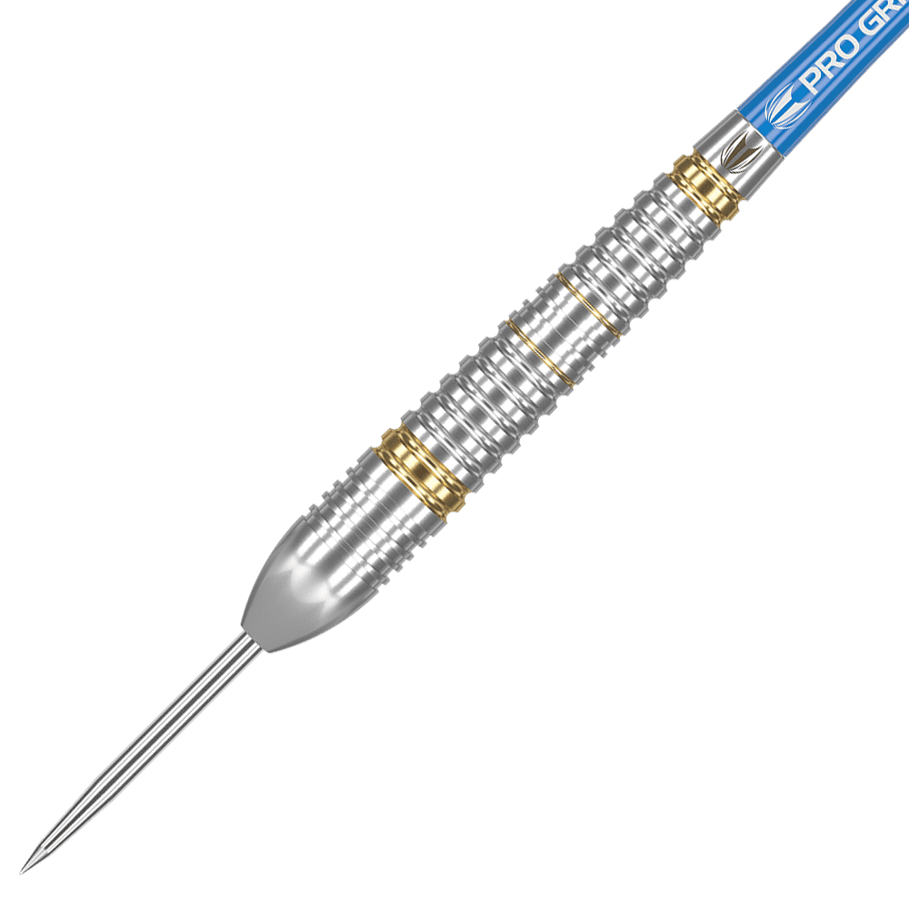 170003_Target_Phil_Taylor_Brass_Steeldarts_2 Das Bild zeigt einen Target Phil Taylor Brass Steeldart mit einem Gewicht von 22 Gramm. Der Dartpfeil hat eine silberne Oberfläche mit goldenen Ringen und einer blauen Flights.