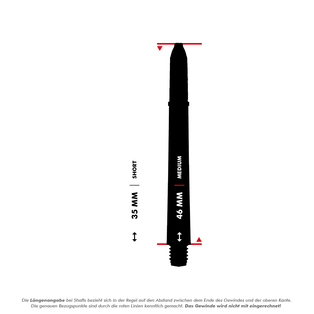 Das Bild zeigt zwei Winmau Nylon Ring Grip MvG Design Black Shafts in den Größen "Short" (35 mm) und "Medium" (46 mm). Die Längenangaben beziehen sich auf den Abstand zwischen dem Ende des Gewindes und der oberen Kante, markiert durch rote Linien.