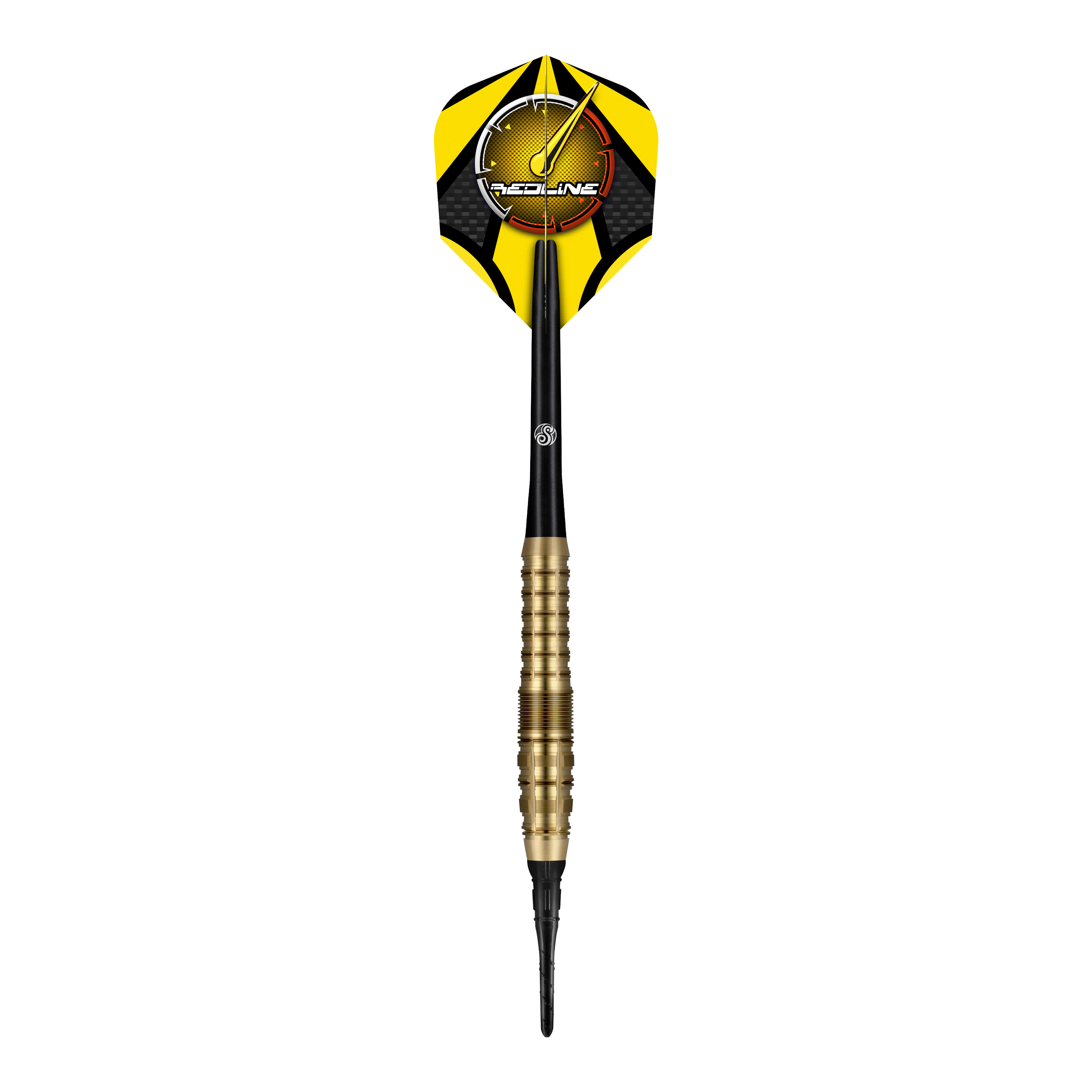 Der "Shot Redline Gizmo Softdart - 20g" ist ein Softdartpfeil mit gelben und schwarzen Flights. Der Dart hat einen goldfarbenen Griff und eine schwarze Spitze.