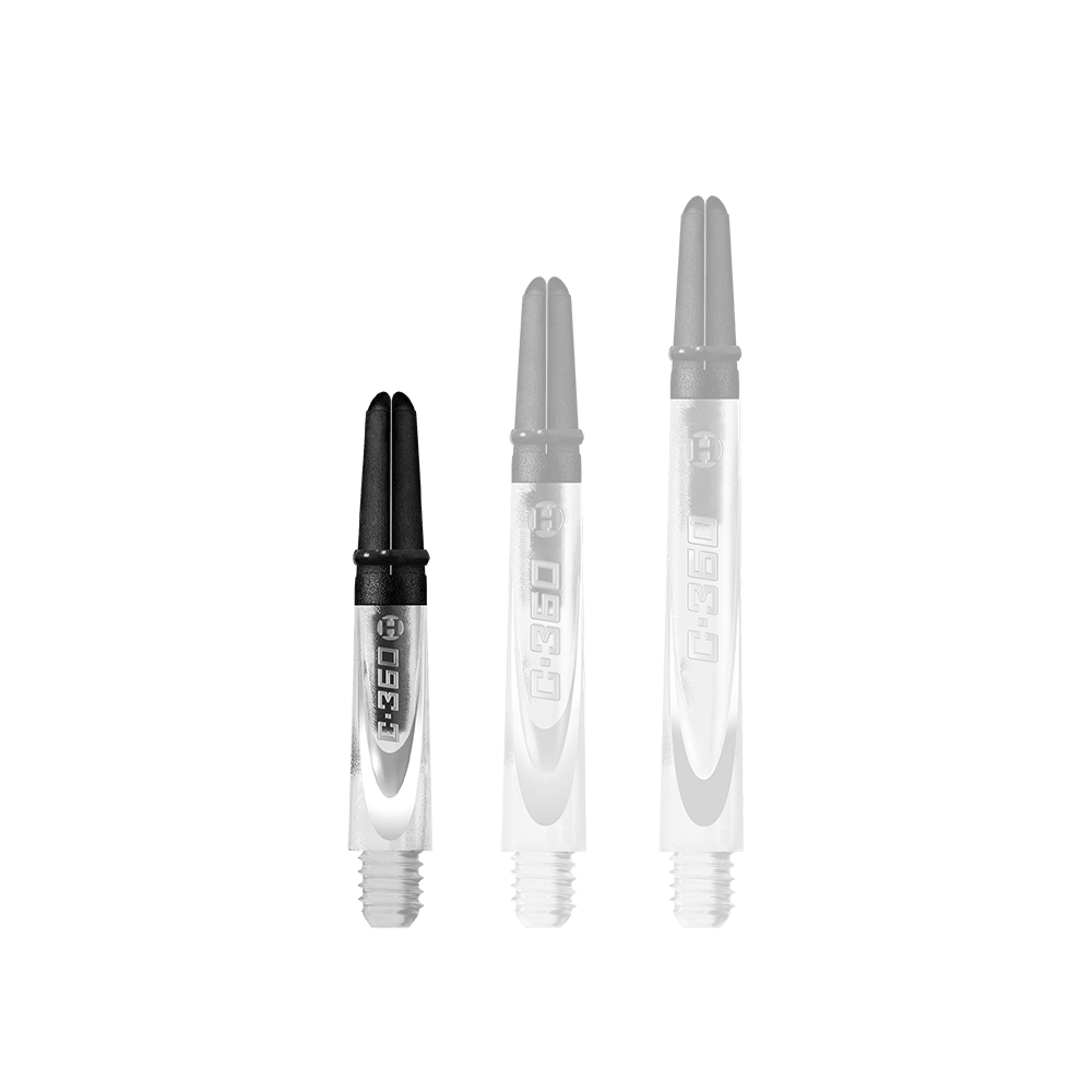 Das Bild zeigt drei durchsichtige Harrows Carbon 360 Shafts für Darts in unterschiedlichen Längen. Die Shafts haben einen schwarzen oberen Teil und sind mit "C.360" beschriftet.
