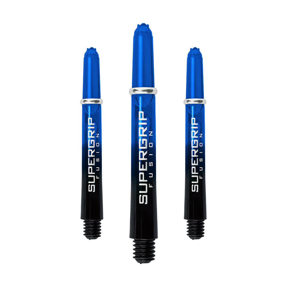 Das Bild zeigt drei blaue Harrows Supergrip Fusion Shafts. Die Shafts sind aus Kunststoff und haben einen glänzenden Schriftzug auf der Seite.