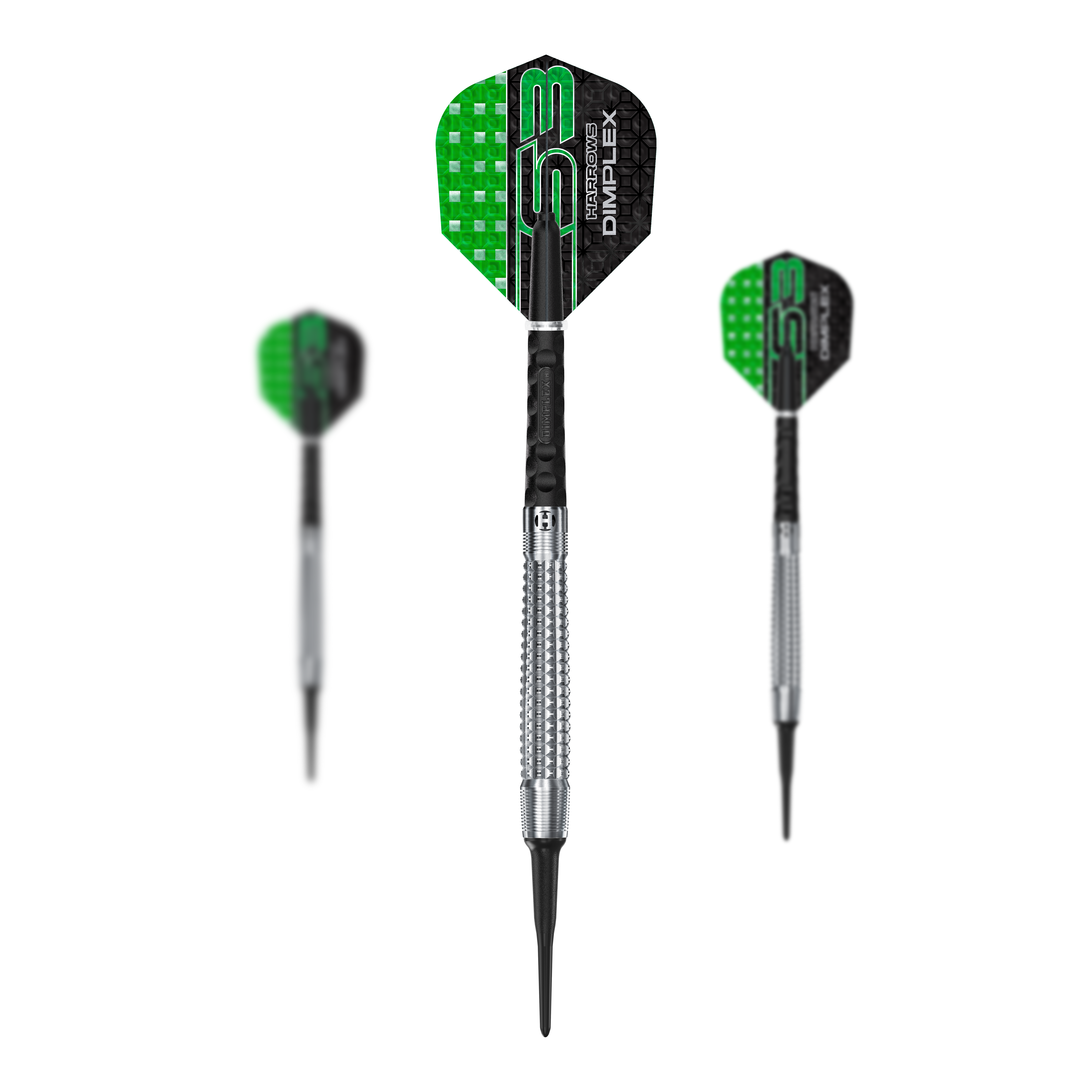 Das Bild zeigt drei Softdarts mit silbernen Spitzen und grün-schwarzen Flights. Auf den Flights steht der Produktname "Harrows Dimplex S3".