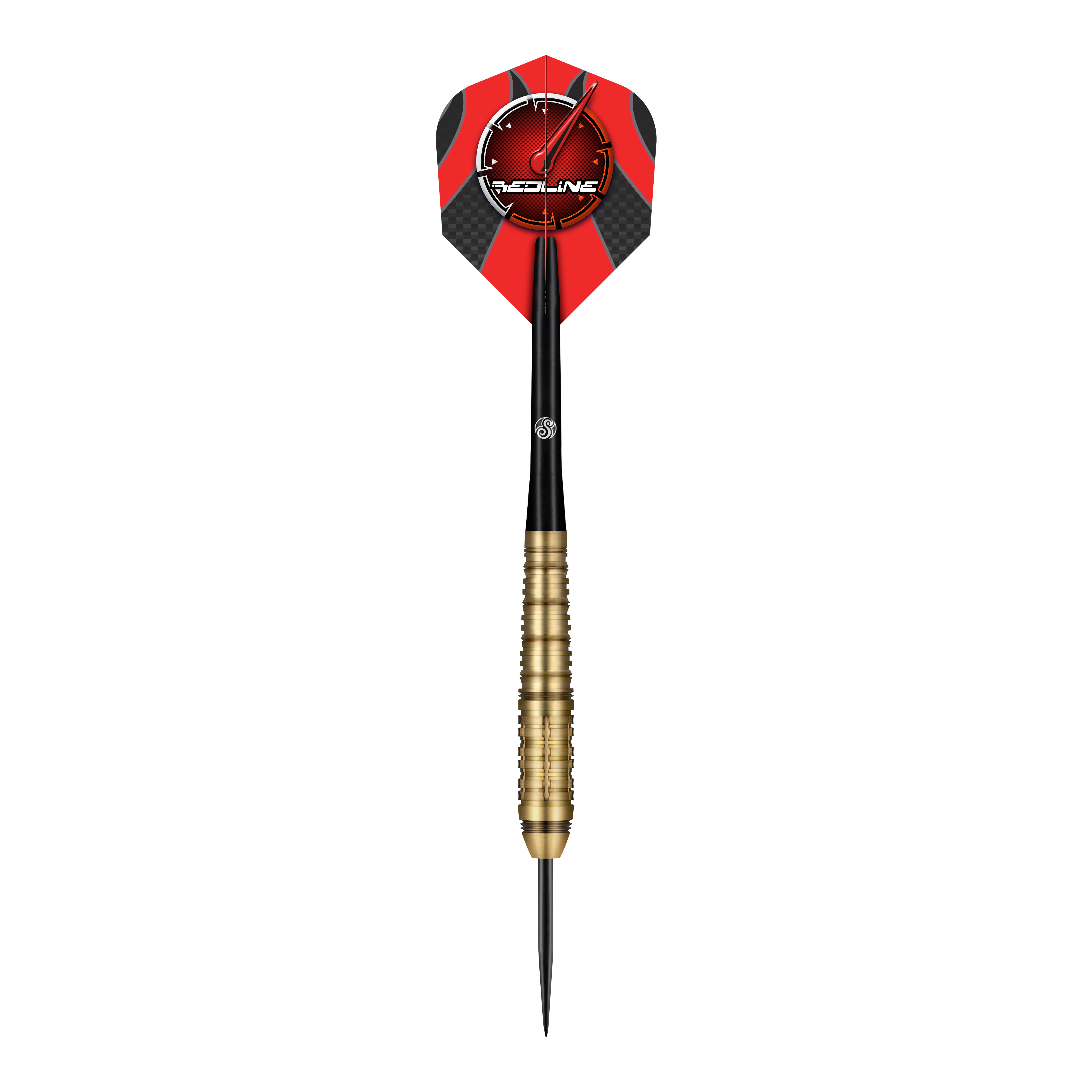 Das Bild zeigt einen Steeldartpfeil mit goldfarbenem Griff und schwarzer Spitze. Die Dartflügel sind rot-schwarz gestaltet und tragen das "Redline"-Logo.