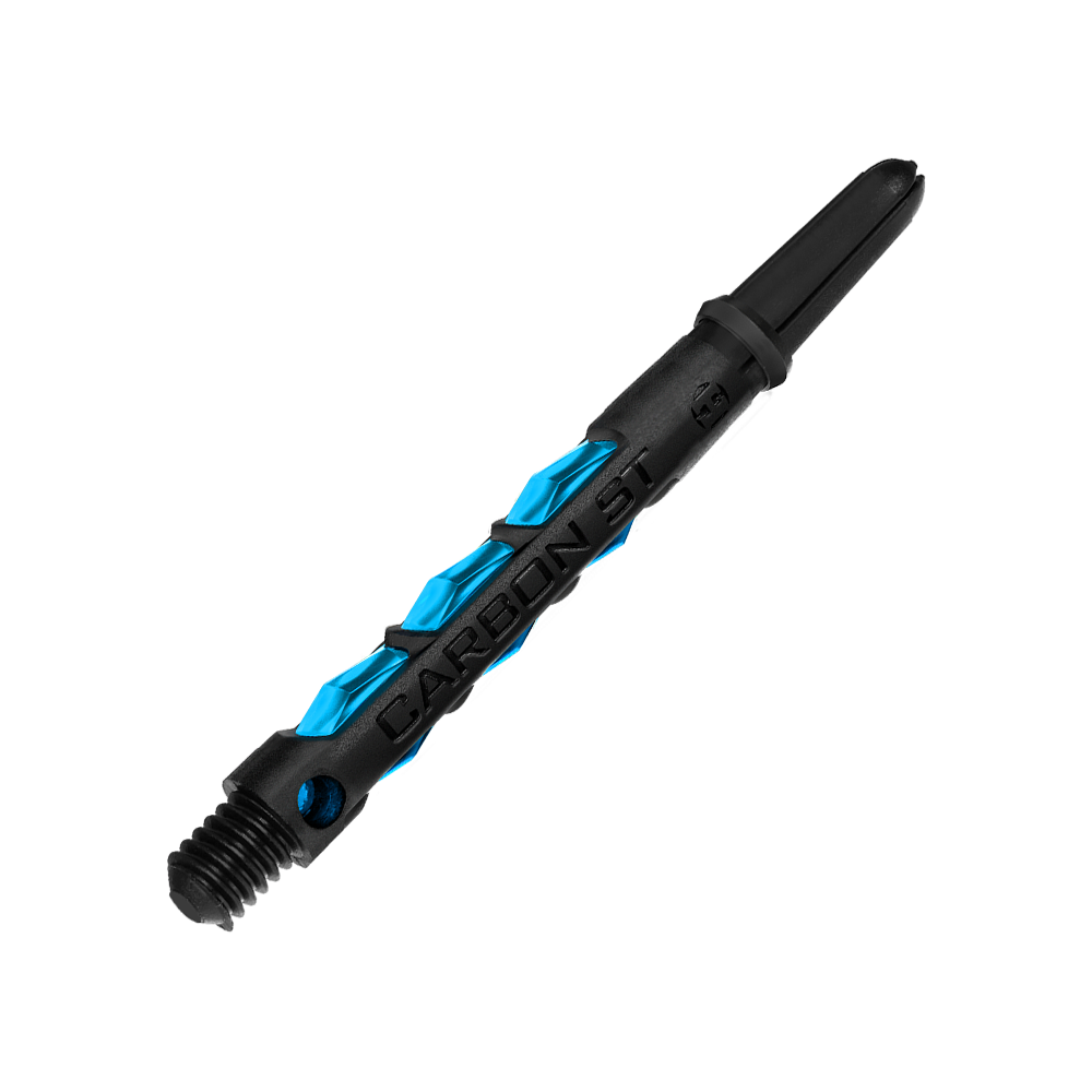 HR412_Harrows_Carbon_ST_Shafts_Aqua_47mm_2 Auf dem Bild ist ein Harrows Carbon ST Shaft in der Farbe Aqua zu sehen. Der Schaft ist schwarz mit blauen Akzenten und besteht aus robustem Carbonmaterial.