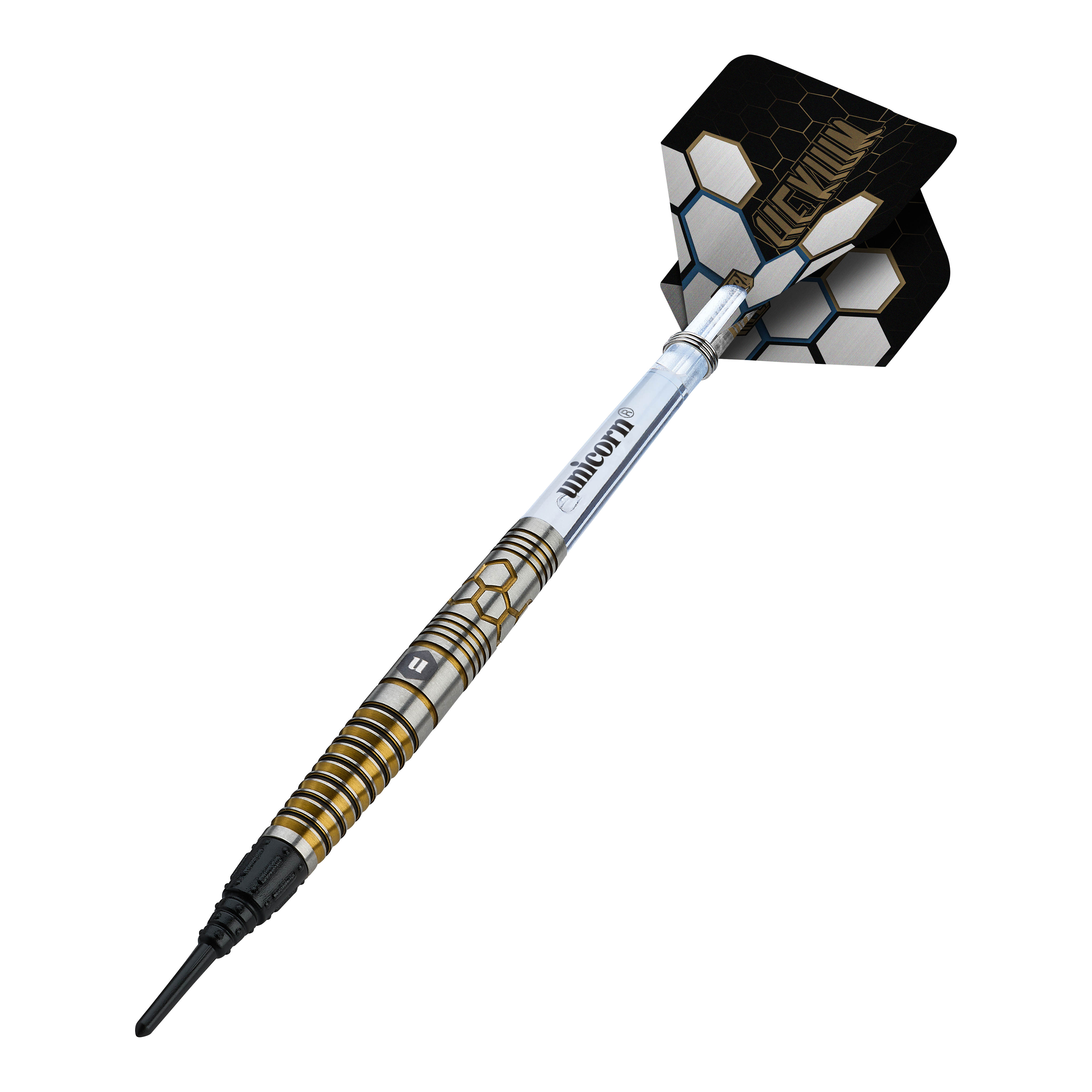 Unicorn Hexium Style 03 Gold & Black Softdarts - 23g Auf diesem Bild sind Unicorn Hexium Style 03 Gold & Black Softdarts, 23g, dargestellt. Die Pfeile kombinieren goldene und schwarze Elemente im Design.