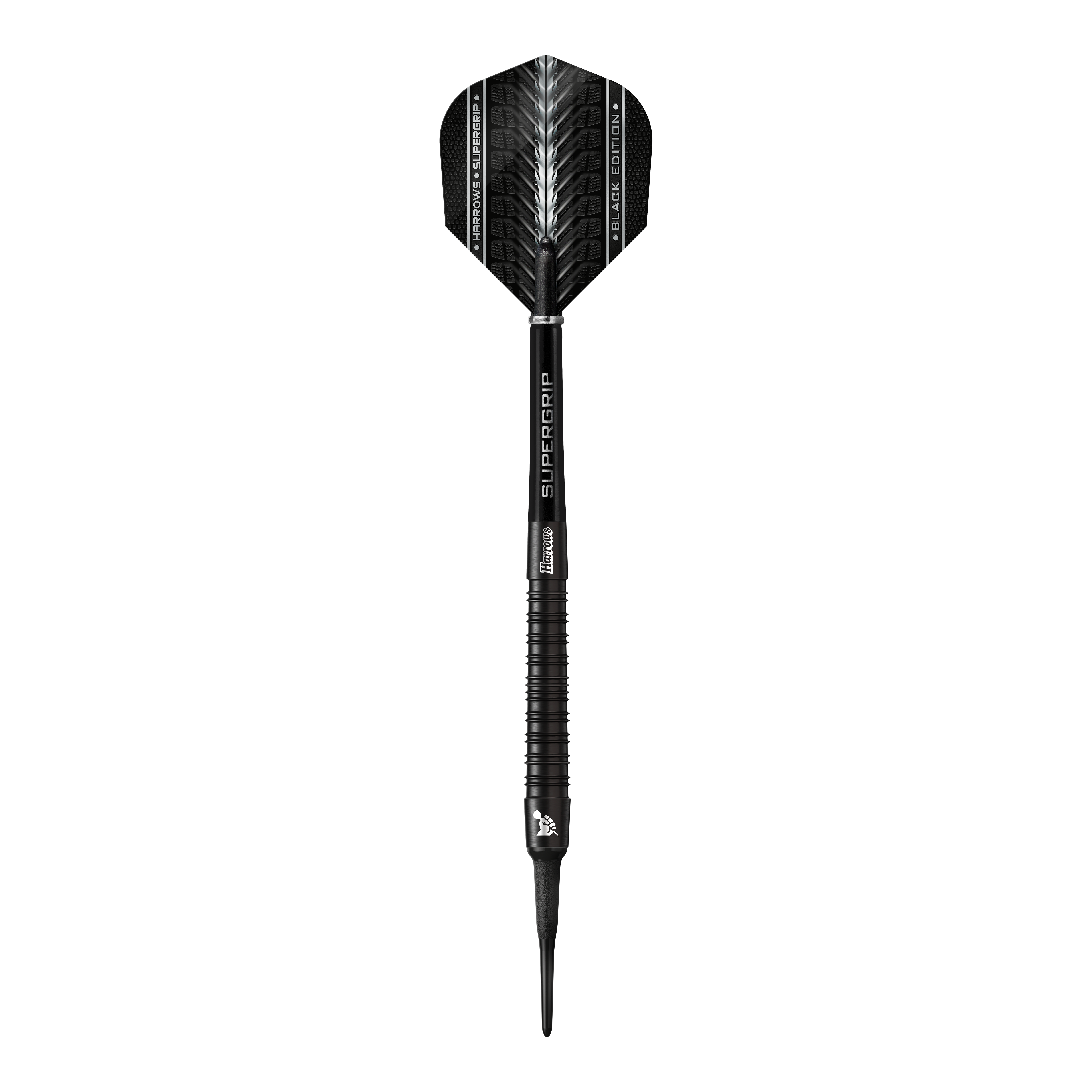 Harrows Supergrip Black-Edition Softdarts Das Bild zeigt einen Harrows Supergrip Black-Edition Softdart. Der Dart ist komplett in Schwarz gehalten und hat ein modernes, elegantes Design.