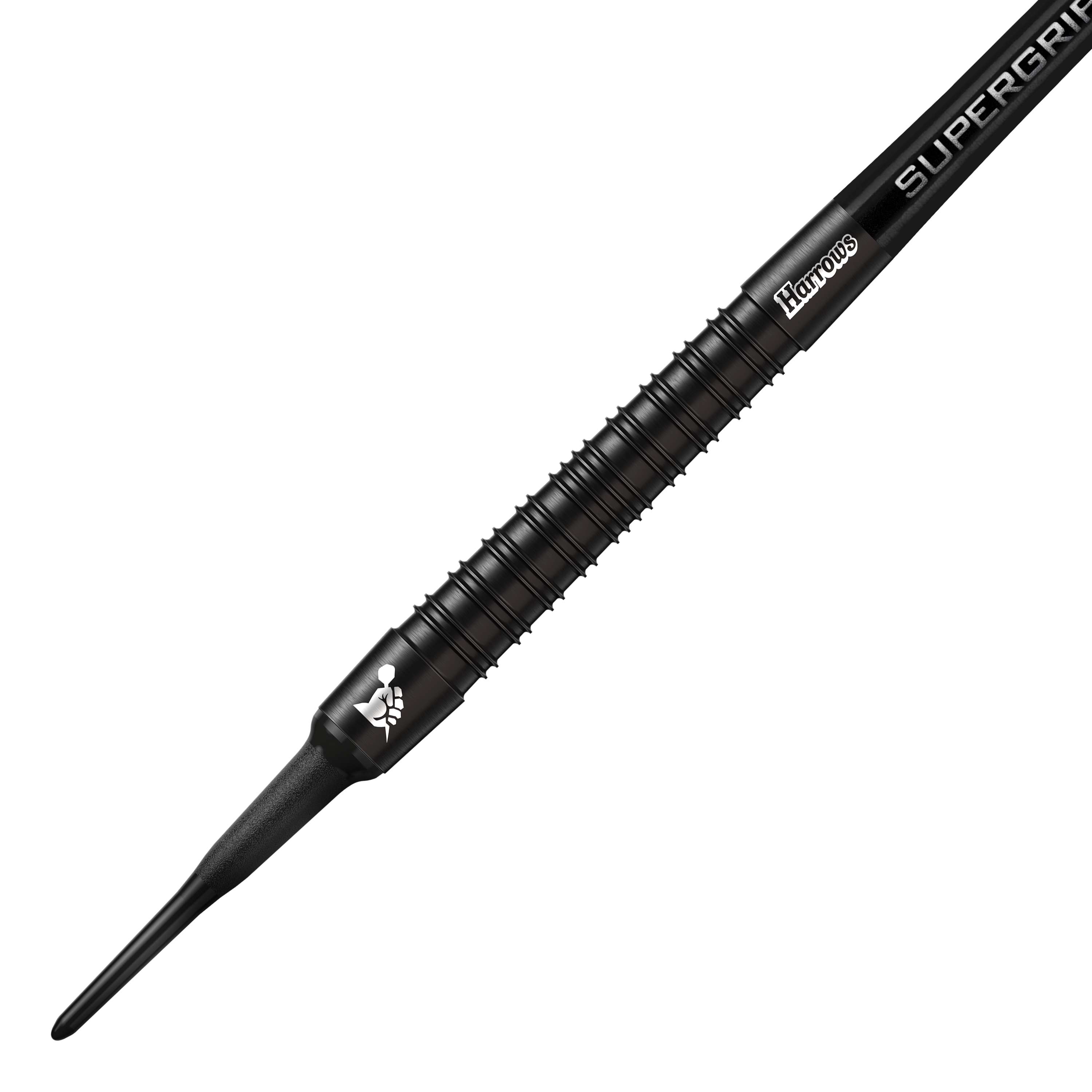 Harrows Supergrip Black-Edition Softdarts Das Bild zeigt einen Harrows Supergrip Black-Edition Softdart. Der Dart ist komplett schwarz und hat eine strukturierte Griffoberfläche.